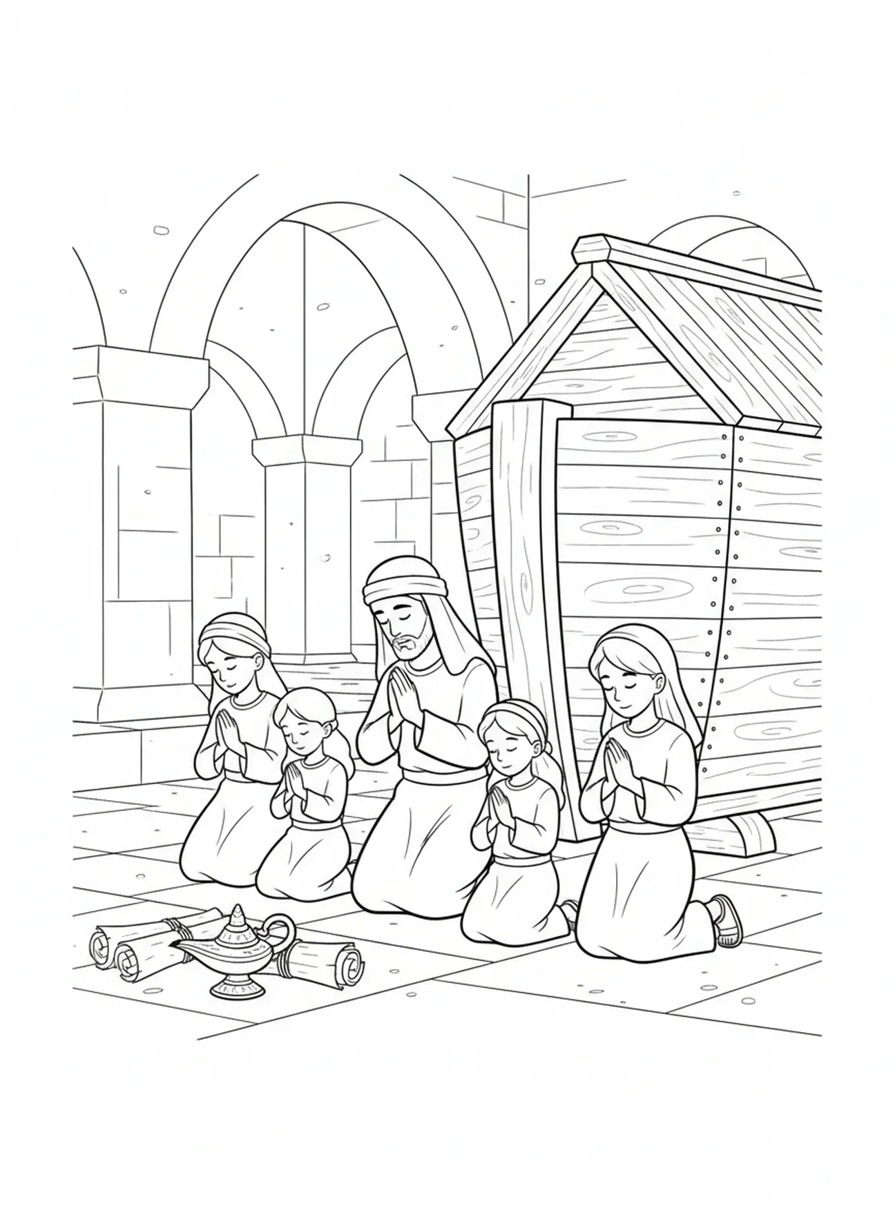 Famille priant près de l'arche, page à colorier religieuse pour les enfants de catéchisme âgés de 5 à 12 ans.