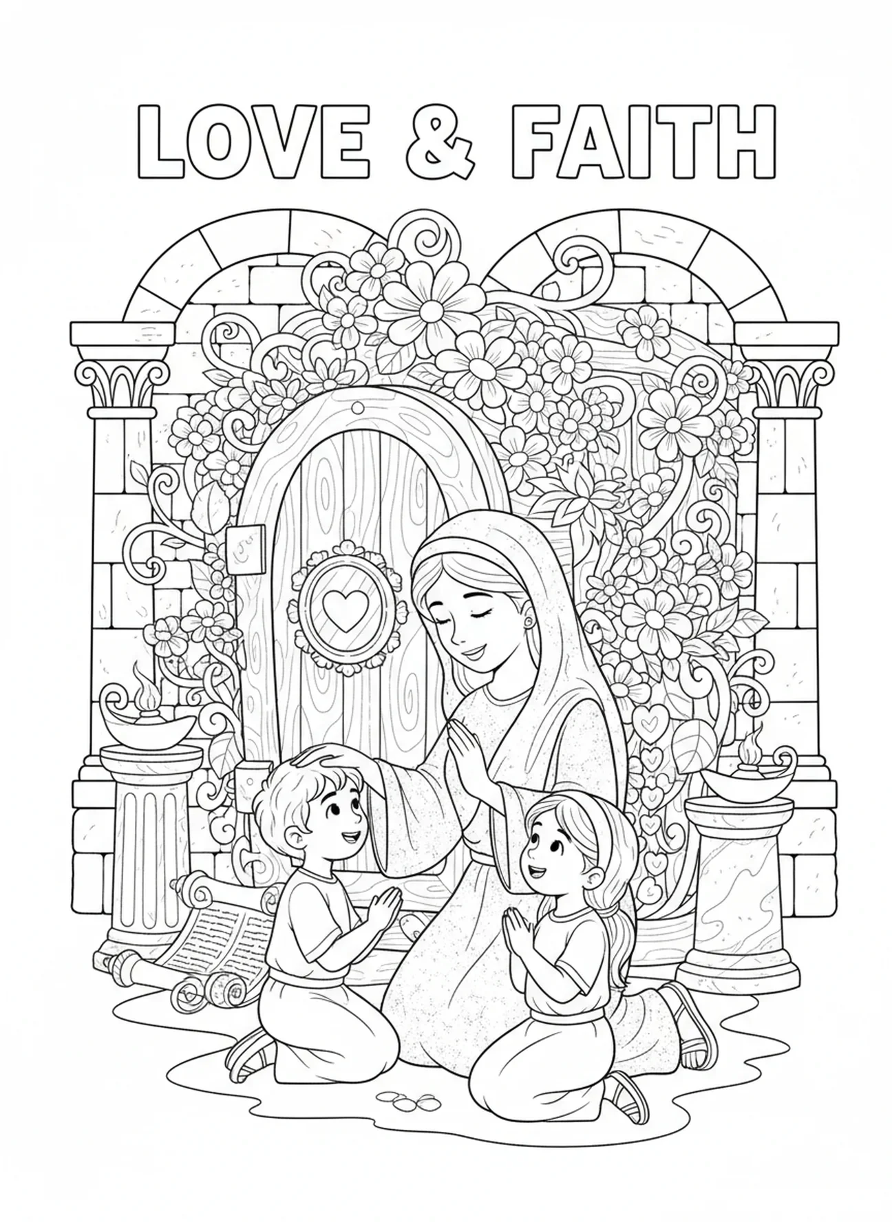 Mère bénissant des enfants, page à colorier religieuse pour les enfants de l'École du dimanche âgés de 5 à 12 ans.