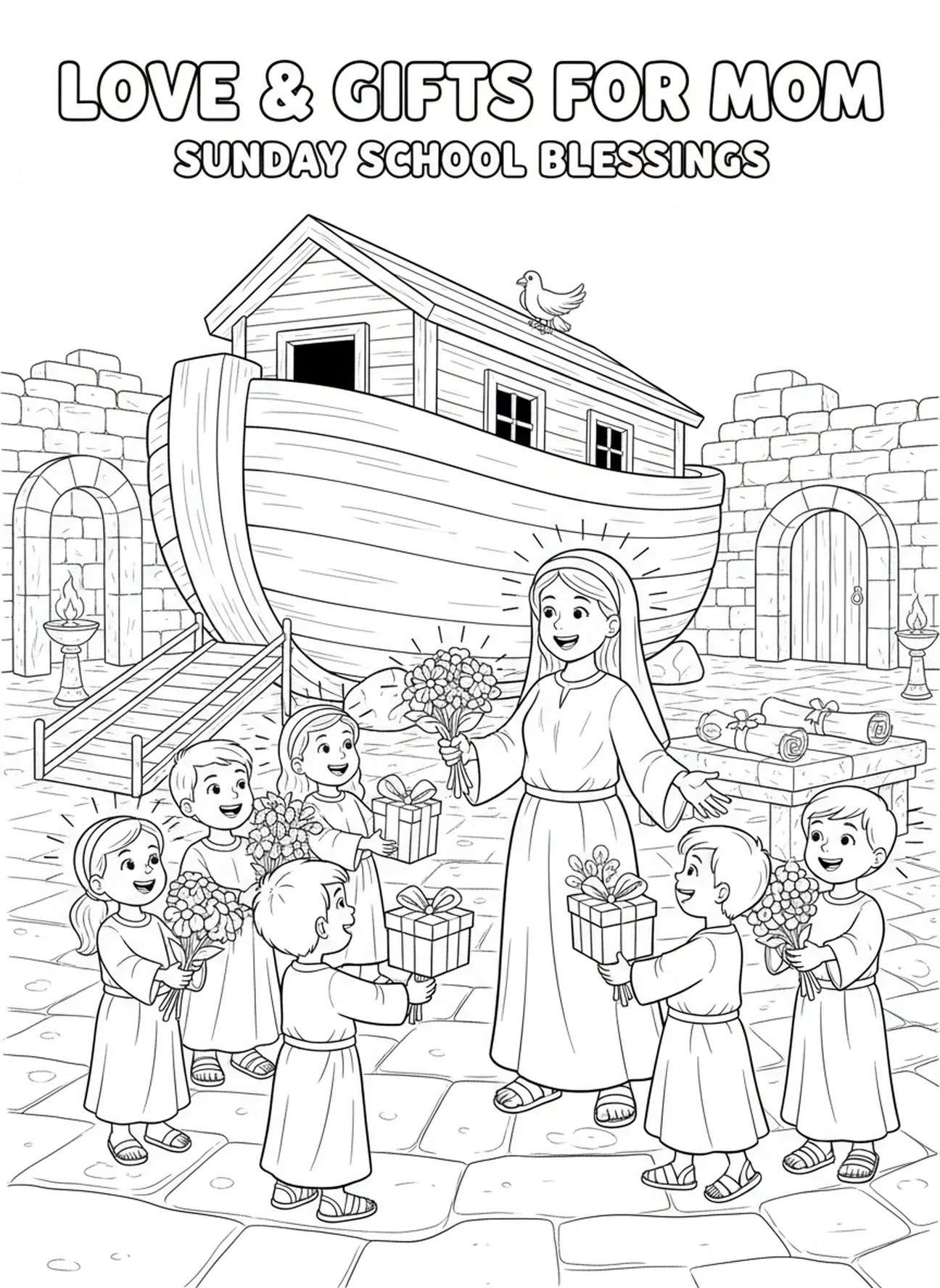 Enfants célébrant la fête des mères, page à colorier religieuse pour les enfants de l'École du dimanche âgés de 5 à 12 ans.