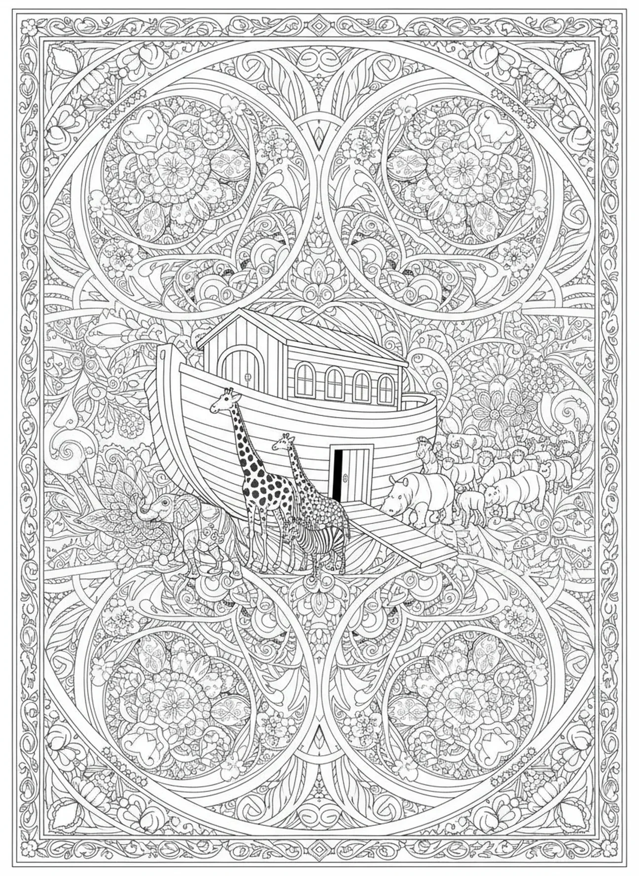 Pares de animales entrando en el arca, página para colorear estilo vitral para adultos en el journaling bíblico.