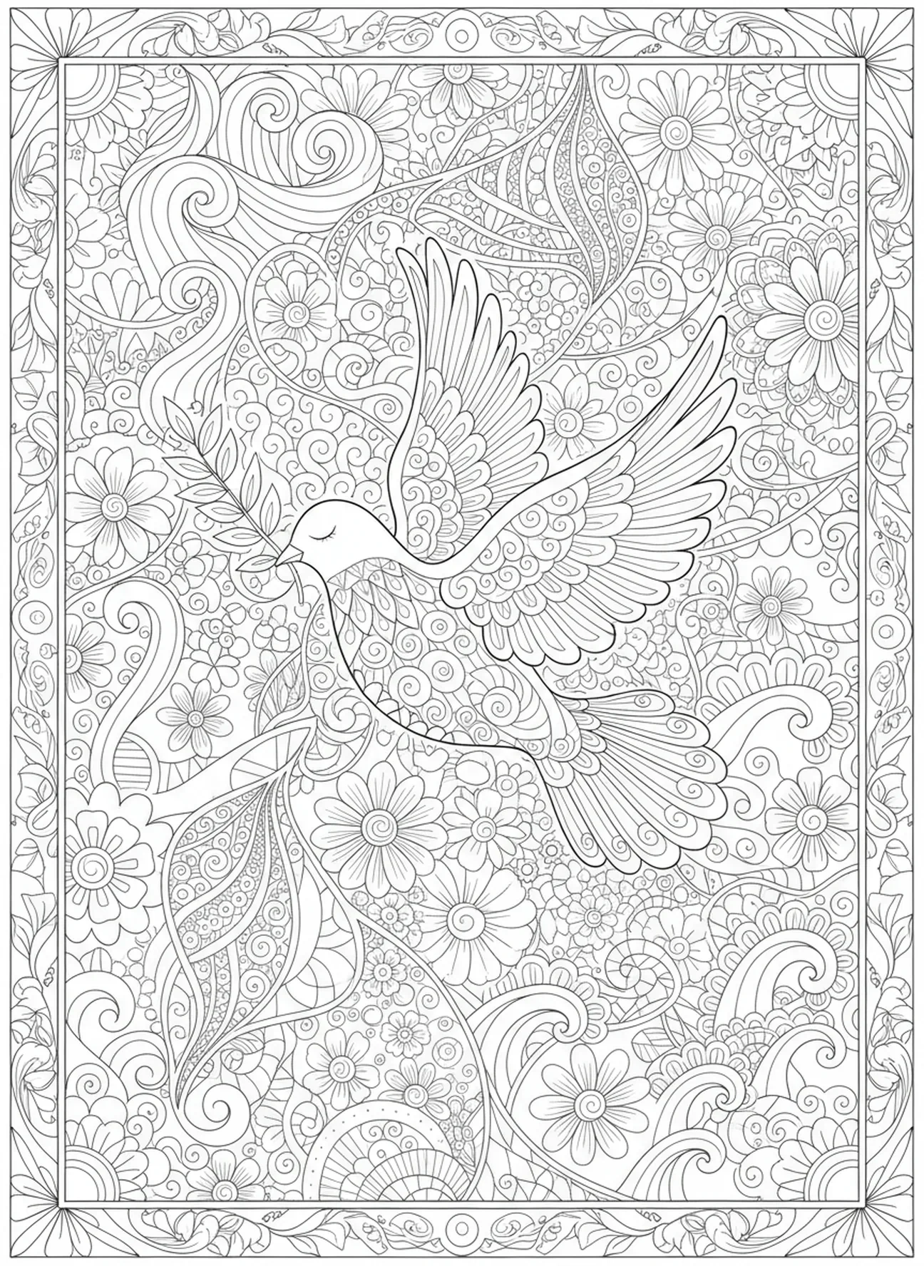 Paloma llevando una rama de olivo, página para colorear estilo vitral para adultos en el journaling bíblico.