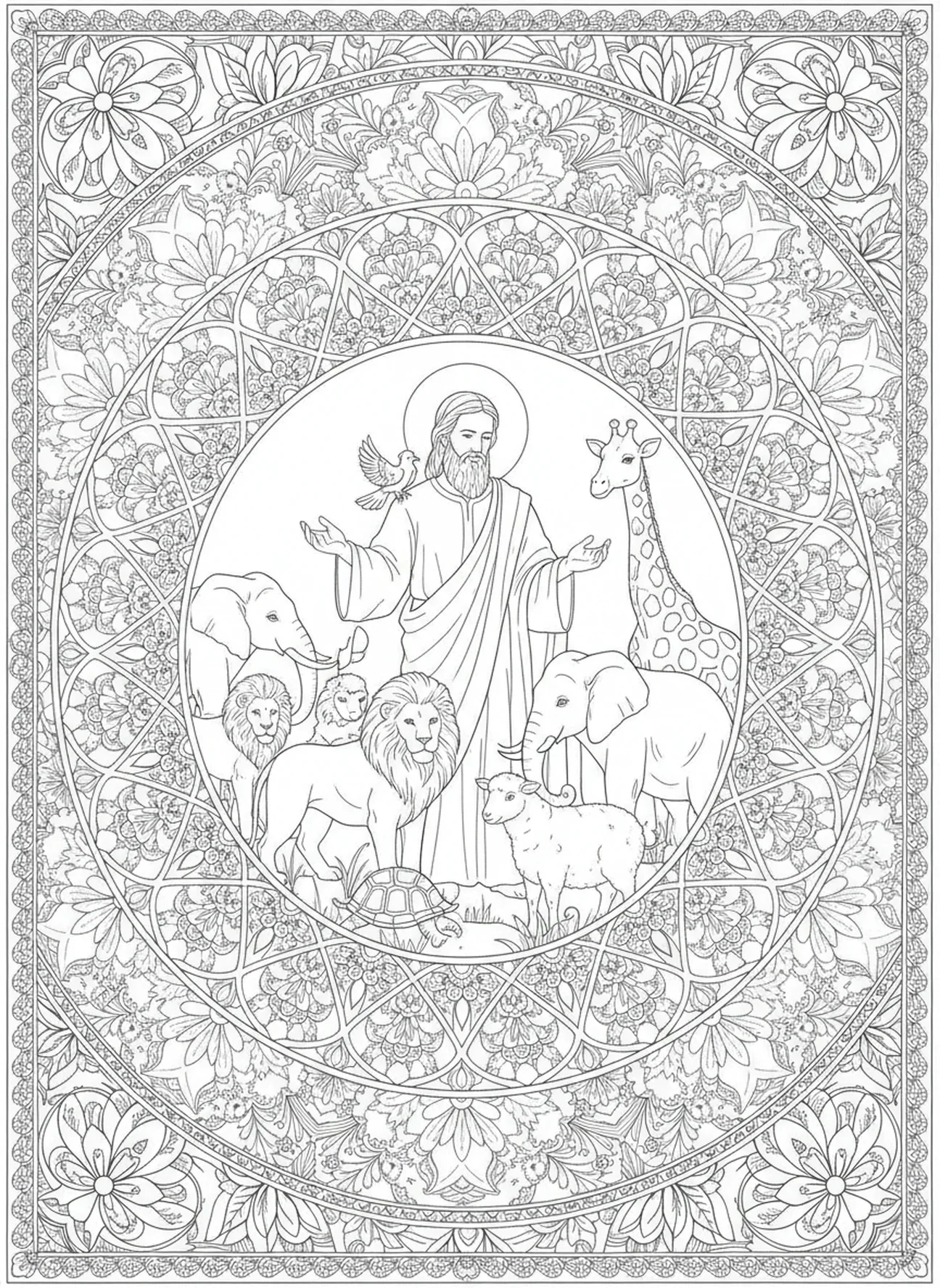 Noé bendiciendo a los animales, página para colorear estilo vitral para adultos en el journaling bíblico.