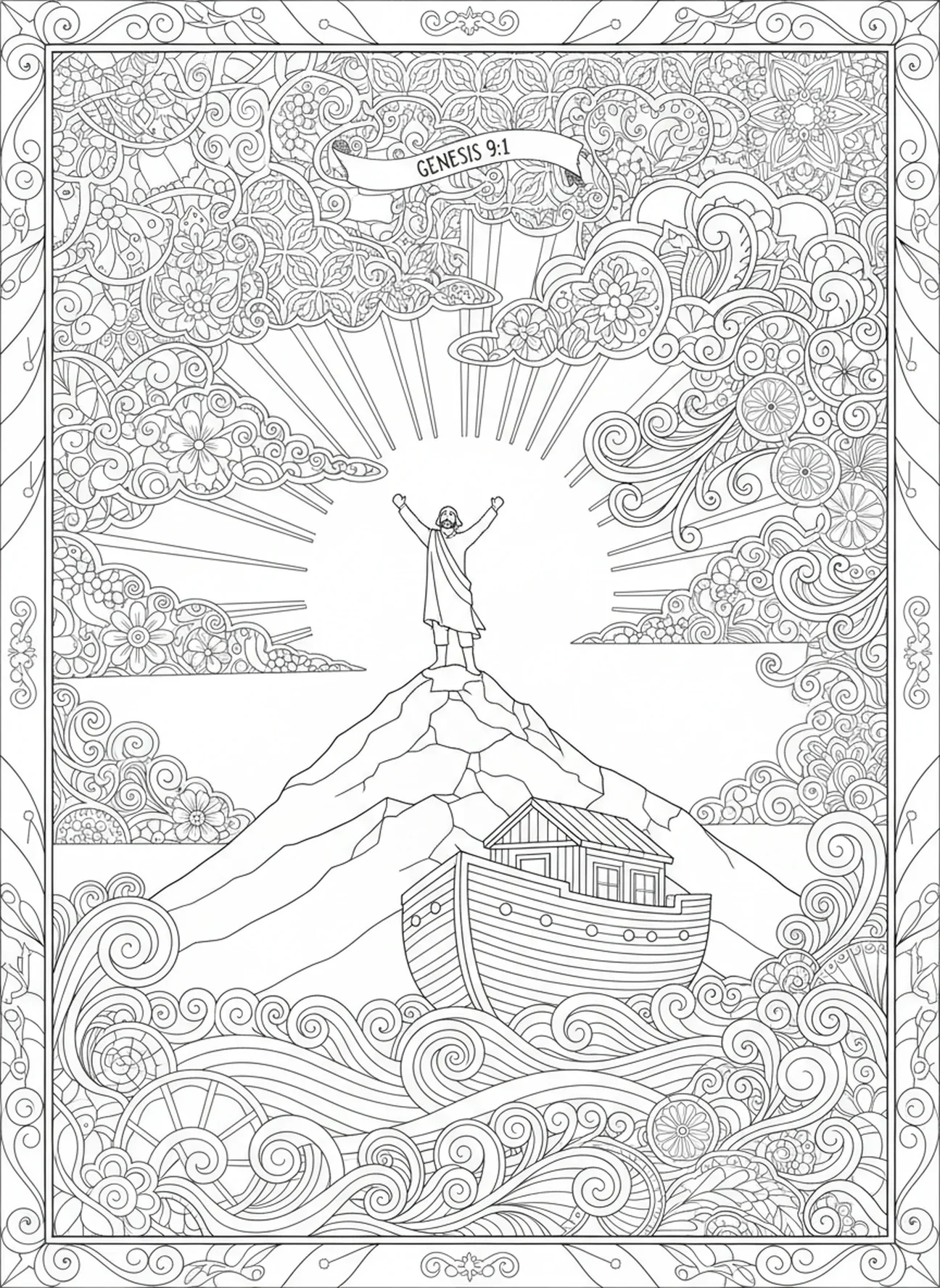 Noé de pie en el monte Ararat, página para colorear estilo vitral para adultos en el diario bíblico.