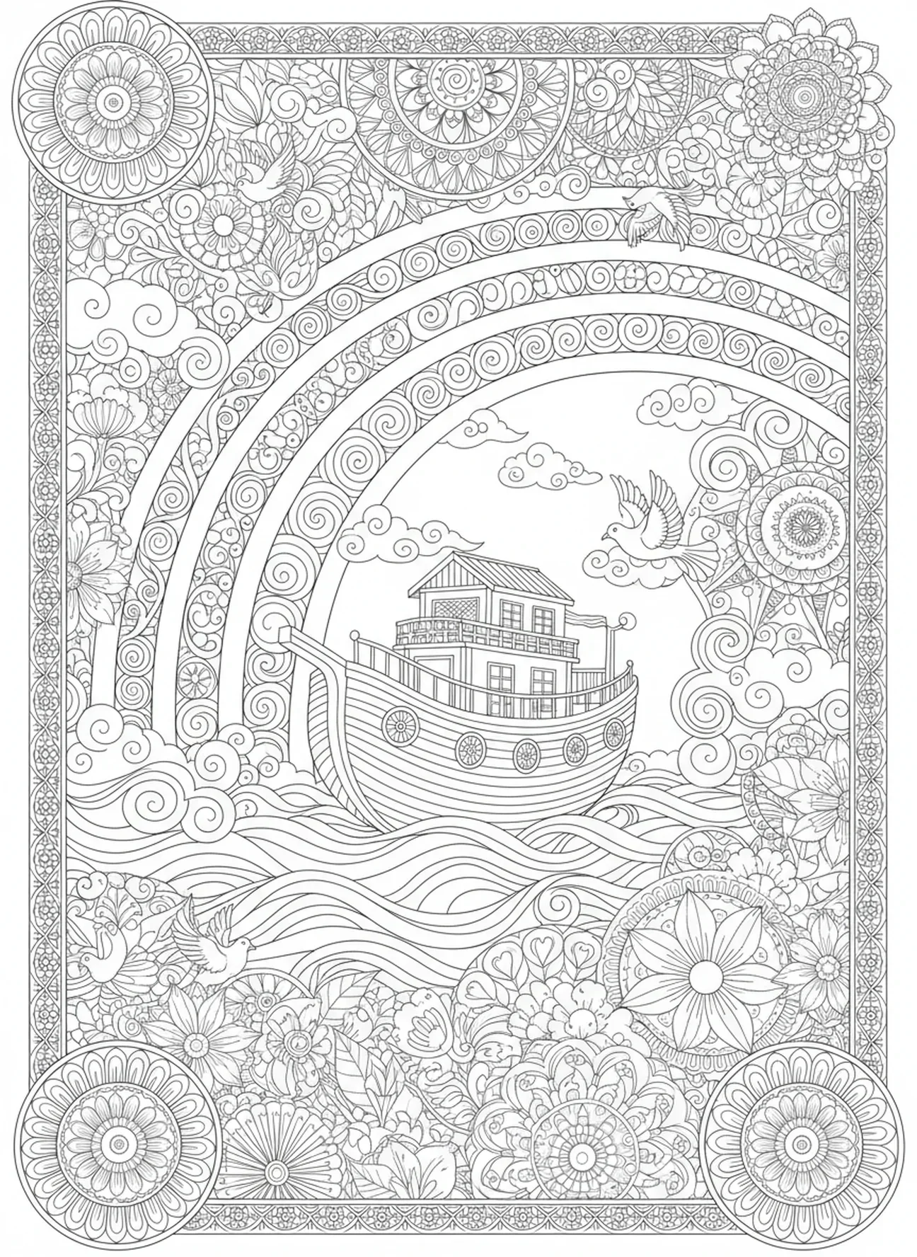 Arcoíris sobre el arca, página para colorear estilo vitral para adultos en el journaling bíblico.