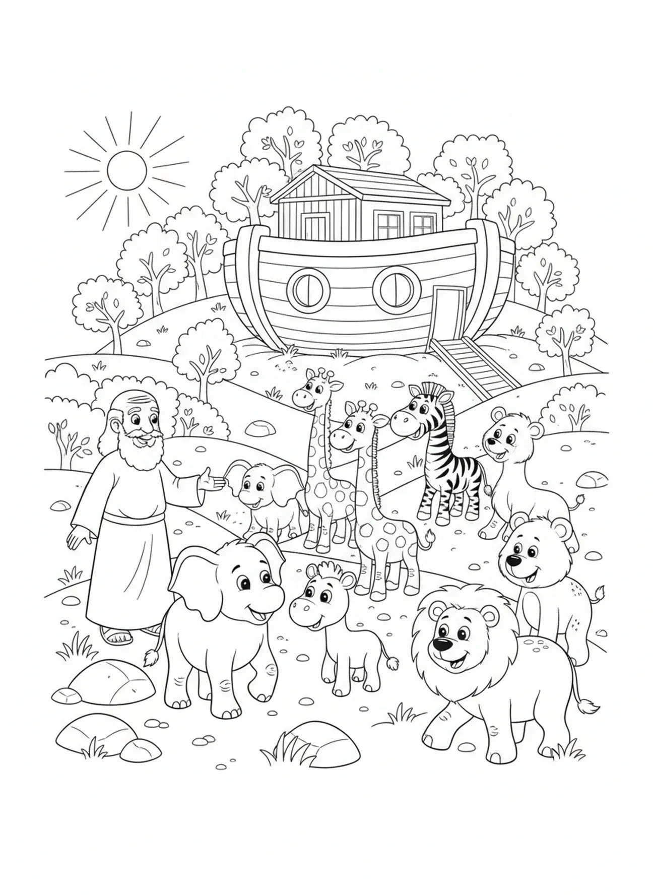 Tiere erkunden das Land in der Nähe der Arche, Ausmalbild mit Kirchenfenster für Kinder im Alter von 5-10 Jahren