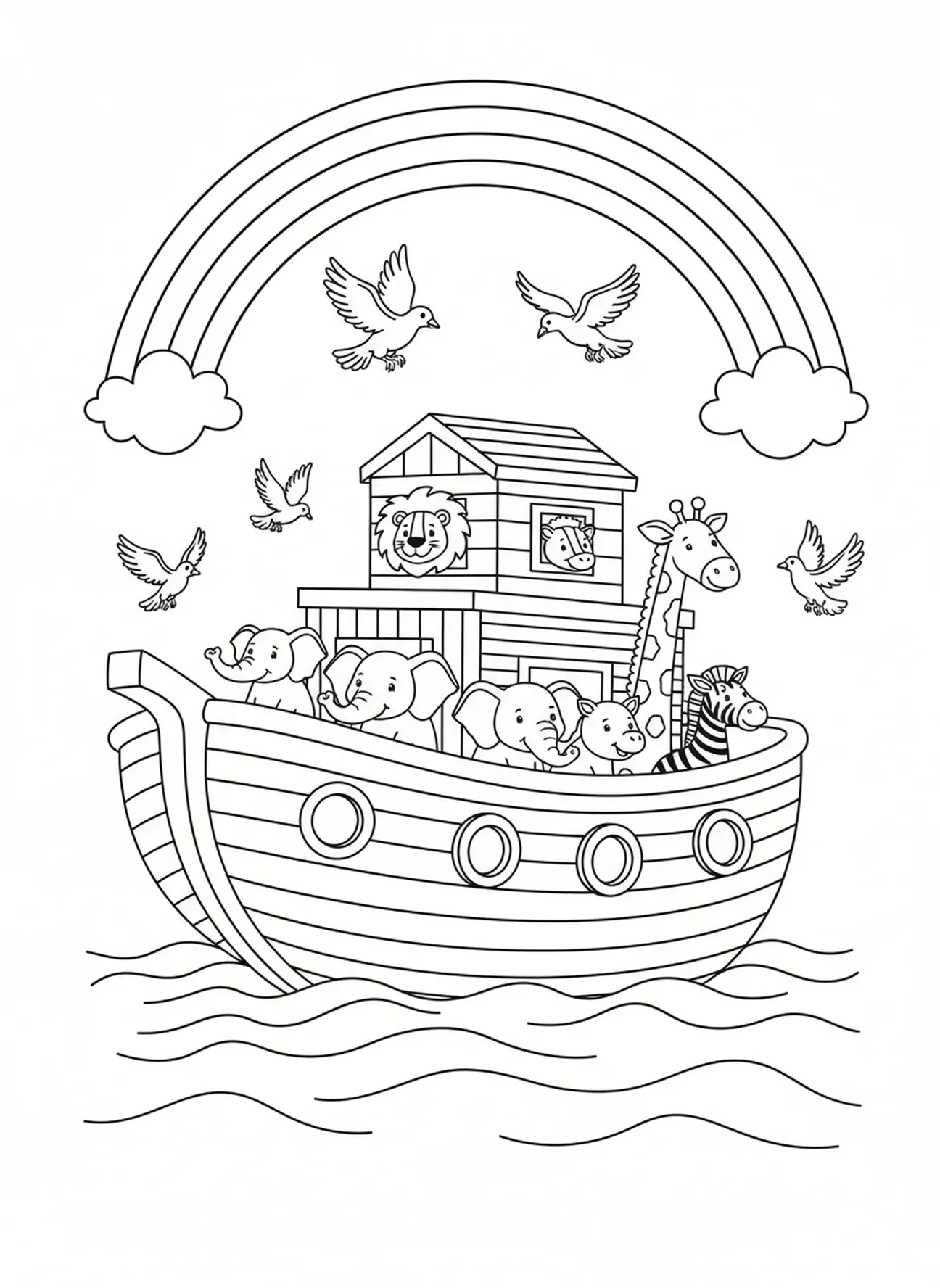 Regenbogen über der Arche, Ausmalbild für Kinder im Alter von 5-10 Jahren