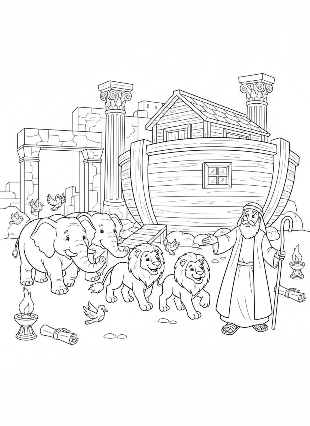 Paires d'éléphants et de lions entrant dans l'arche, page à colorier de vitrail pour les enfants de l'École du dimanche âgés de 5 à 12 ans.