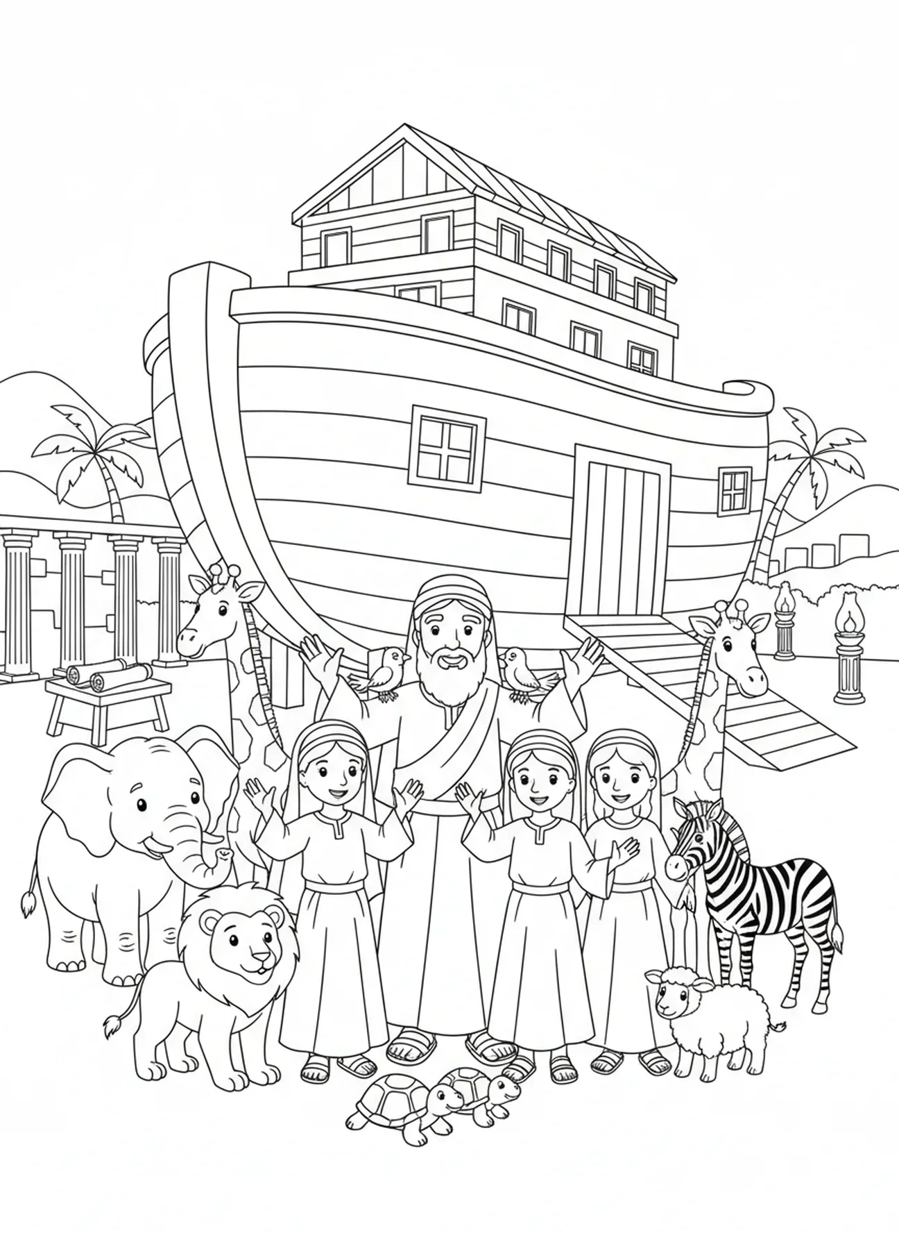 Noé et sa famille avec des animaux près de l'arche, page à colorier de vitrail pour les enfants de l'École du dimanche âgés de 5 à 12 ans.
