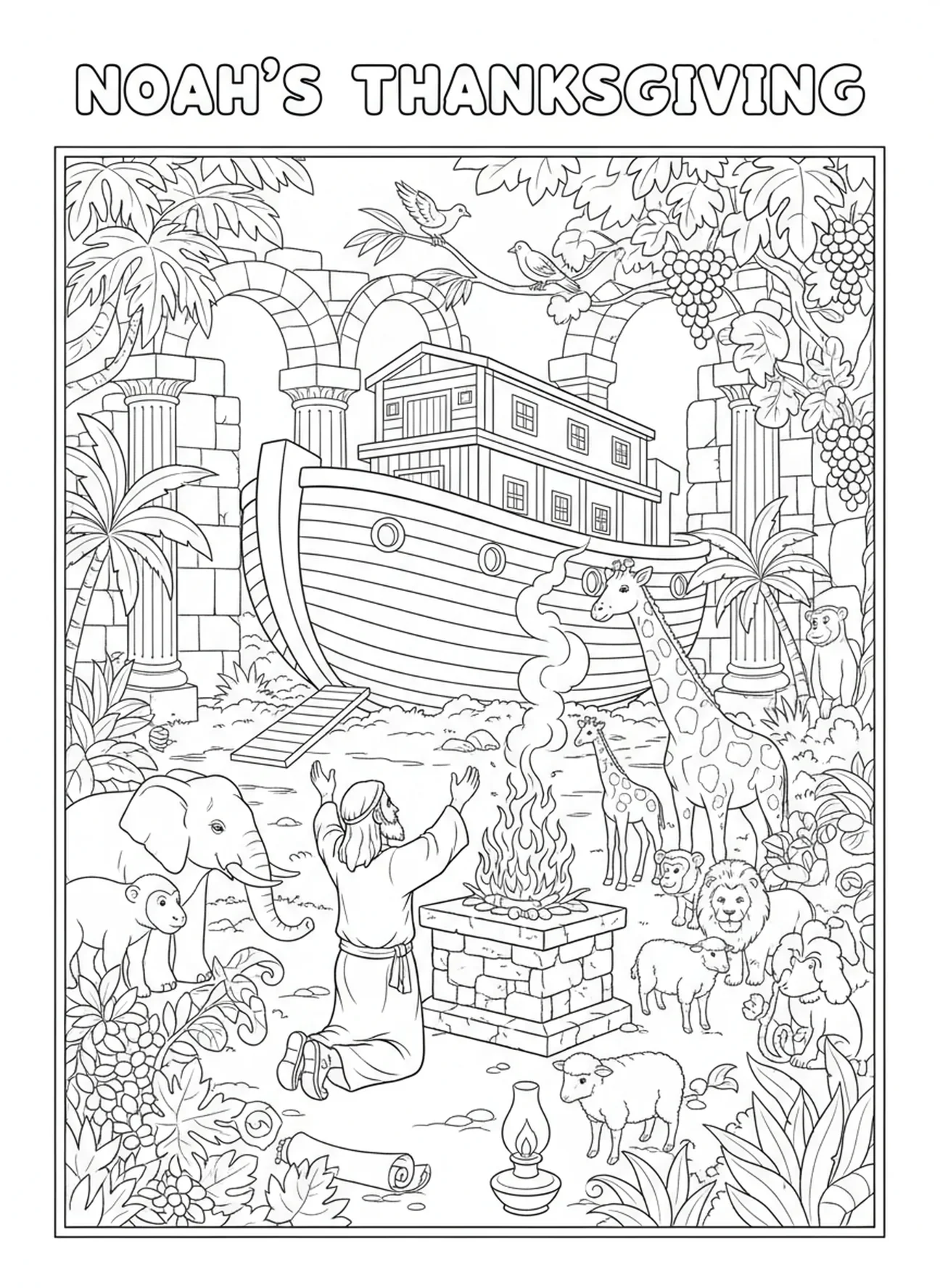 Noé offrant un sacrifice, page à colorier de vitrail pour les enfants de l'École du dimanche âgés de 5 à 12 ans.