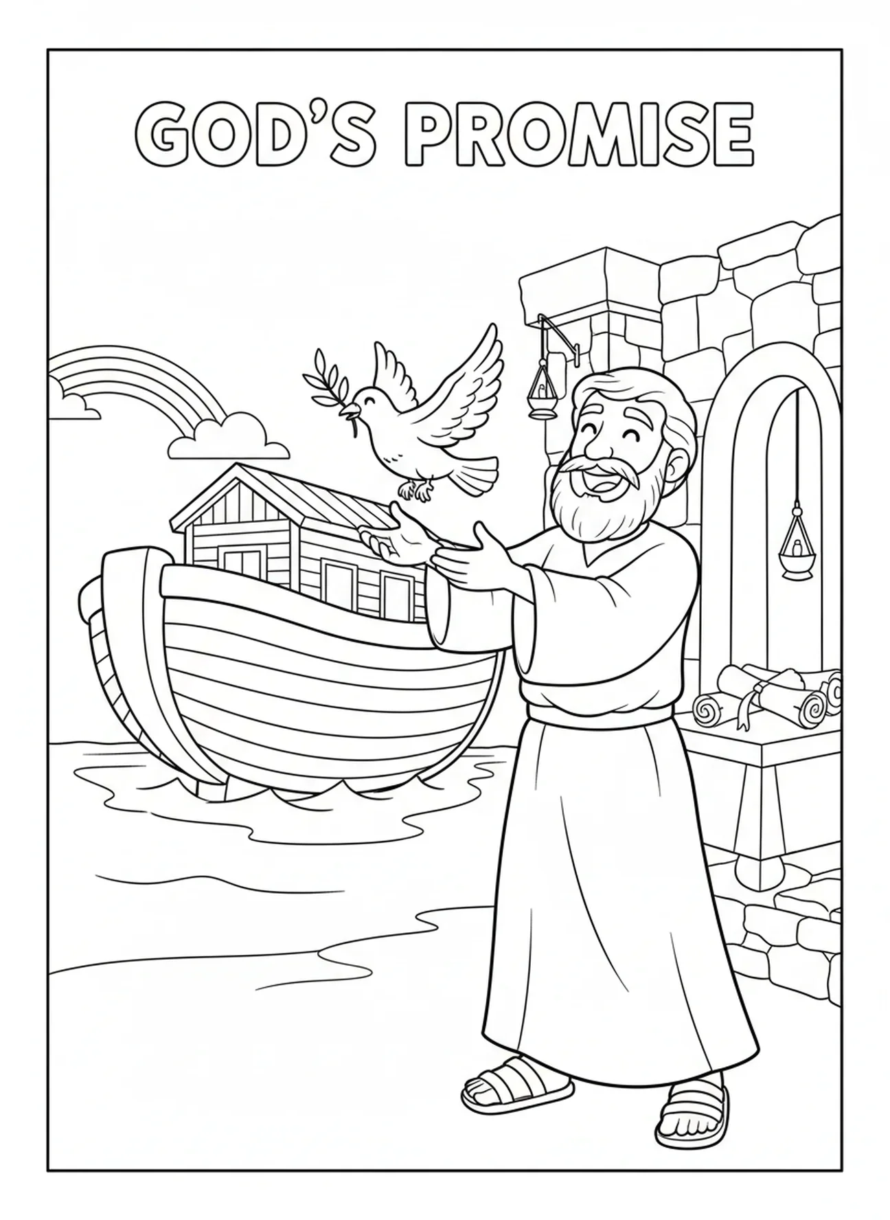 Colombe avec une branche d'olivier, page à colorier de vitrail pour les enfants de l'École du dimanche âgés de 5 à 12 ans.