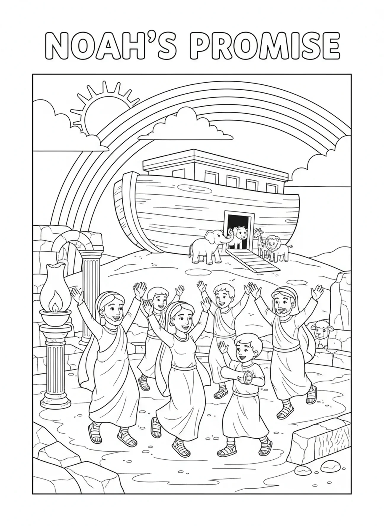 Arc-en-ciel coloré au-dessus de l'arche, page à colorier de vitrail pour les enfants de l'École du dimanche âgés de 5 à 12 ans.