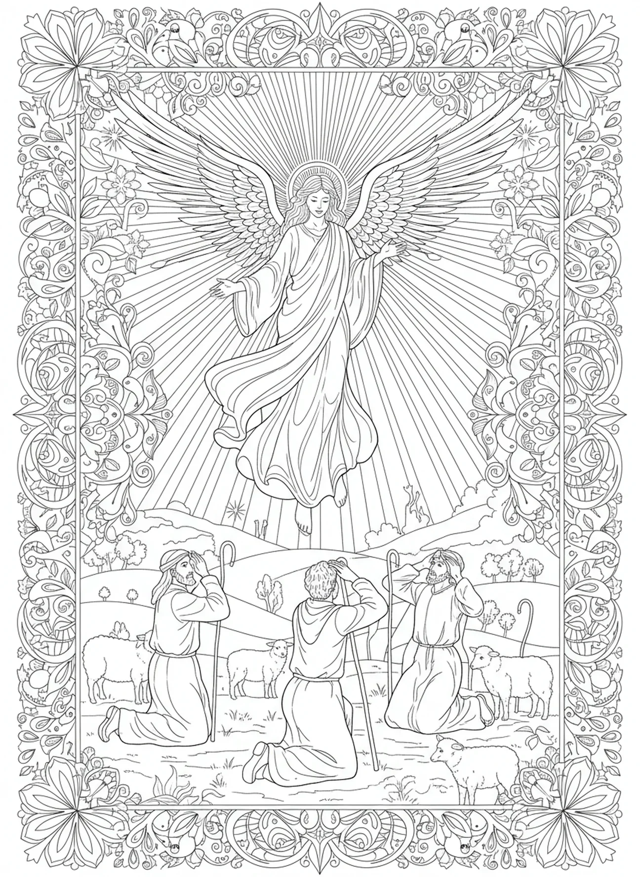 Anjo radiante, página de colorir Estrela de Belém para adultos no estilo de journaling bíblico.