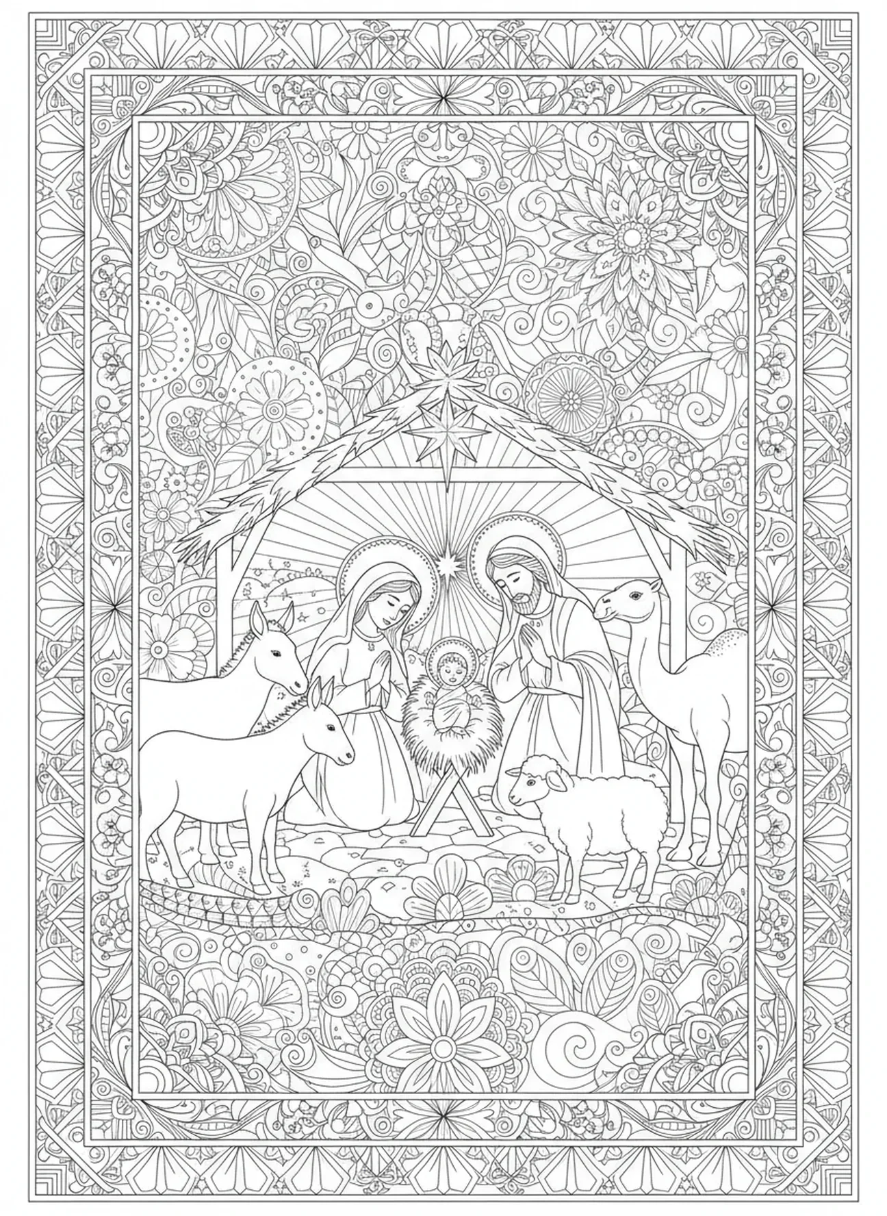 Animais ao redor da manjedoura, página de colorir Estrela de Belém para adultos no estilo de journaling bíblico.