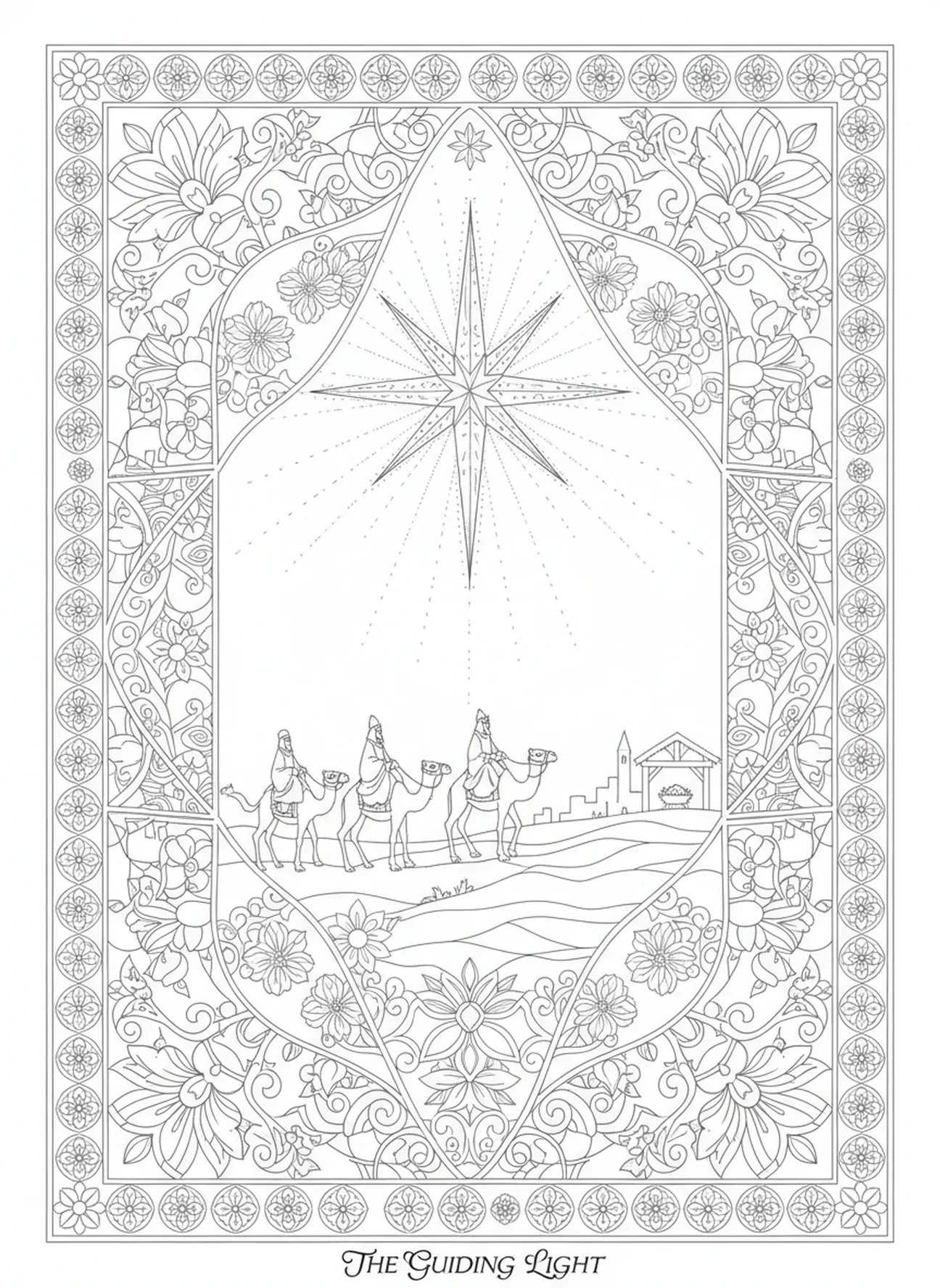 Estrela guia, página de colorir da Estrela de Belém para adultos no estilo de journaling bíblico.