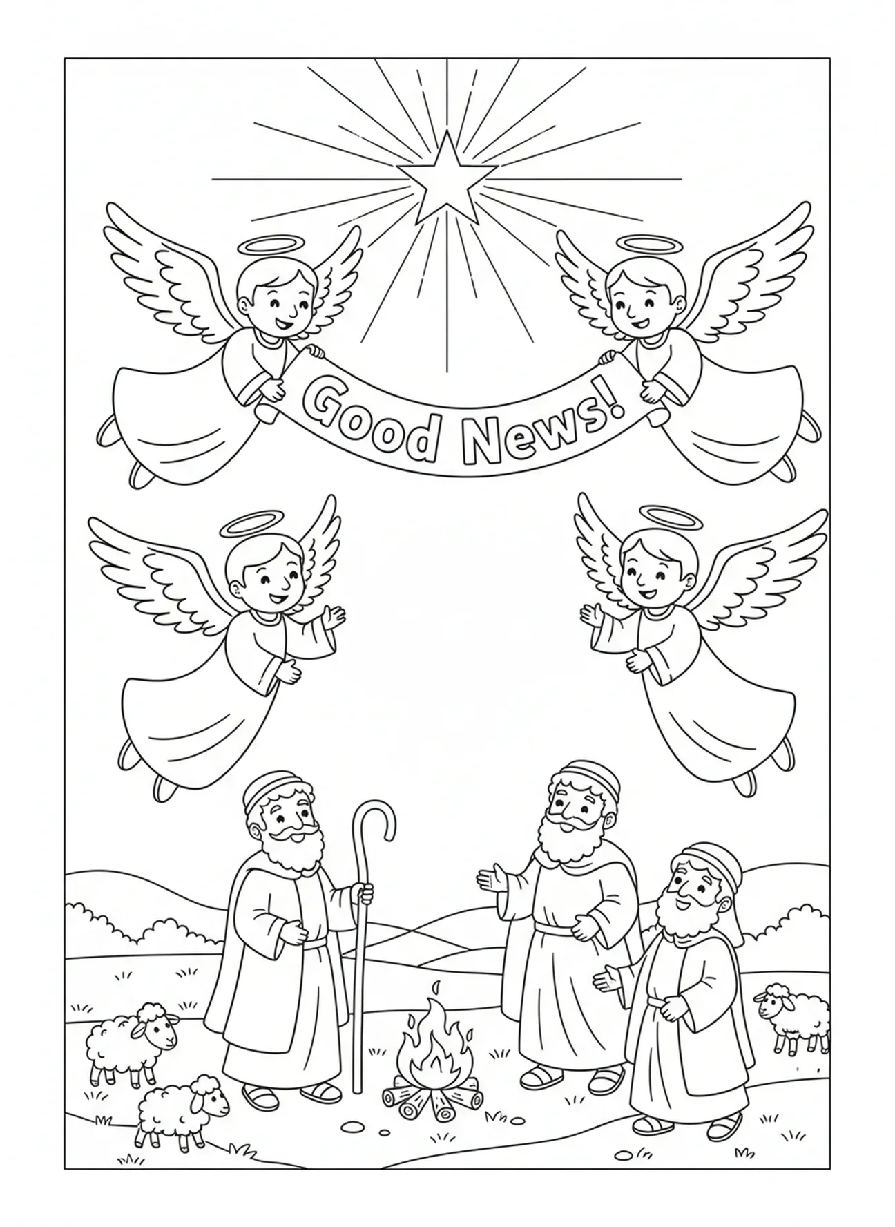Engel verkünden die Botschaft, Ausmalbild des Sterns von Bethlehem für Kinder im Alter von 5-10 Jahren