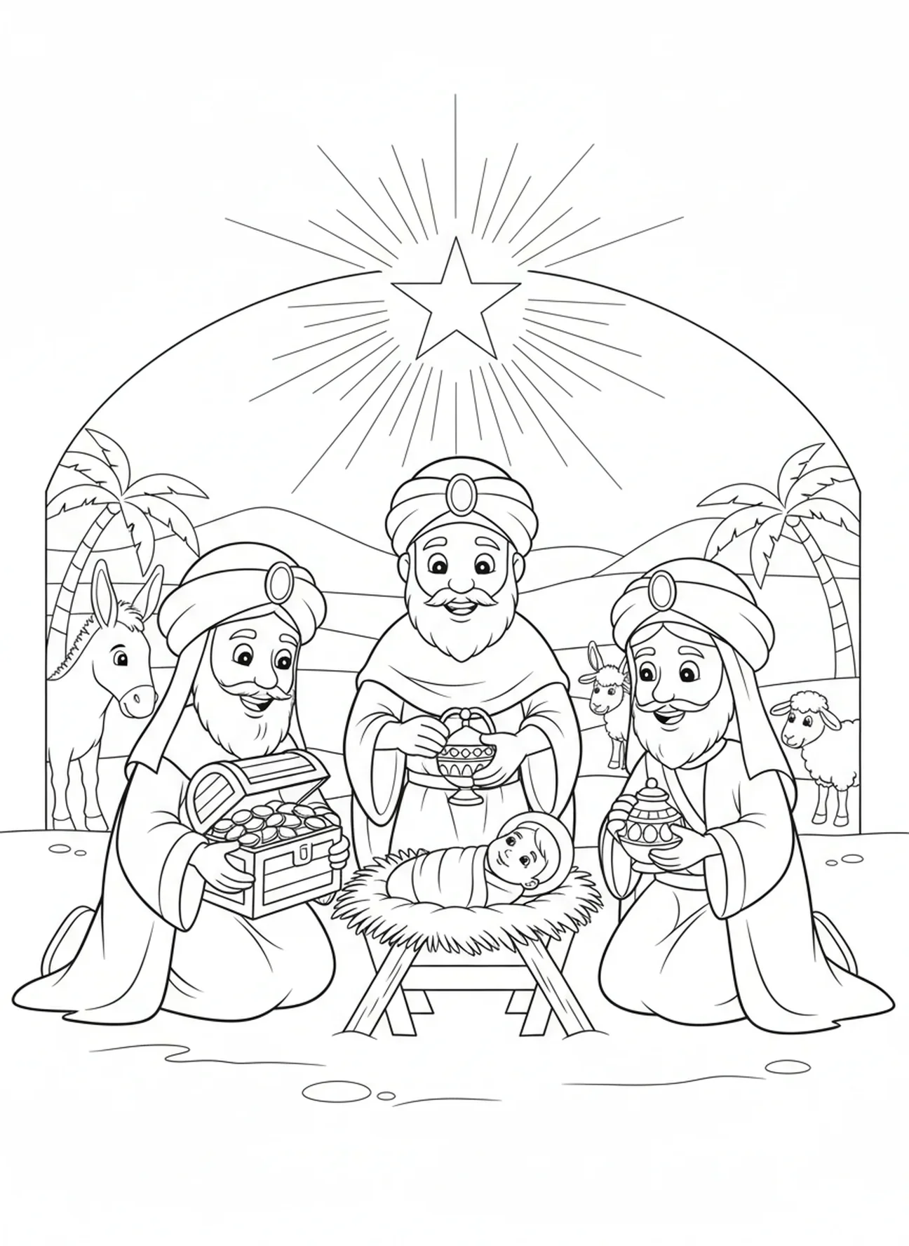 Weise Männer bringen Geschenke, Stern von Bethlehem Ausmalbild für Kinder im Alter von 5-10 Jahren