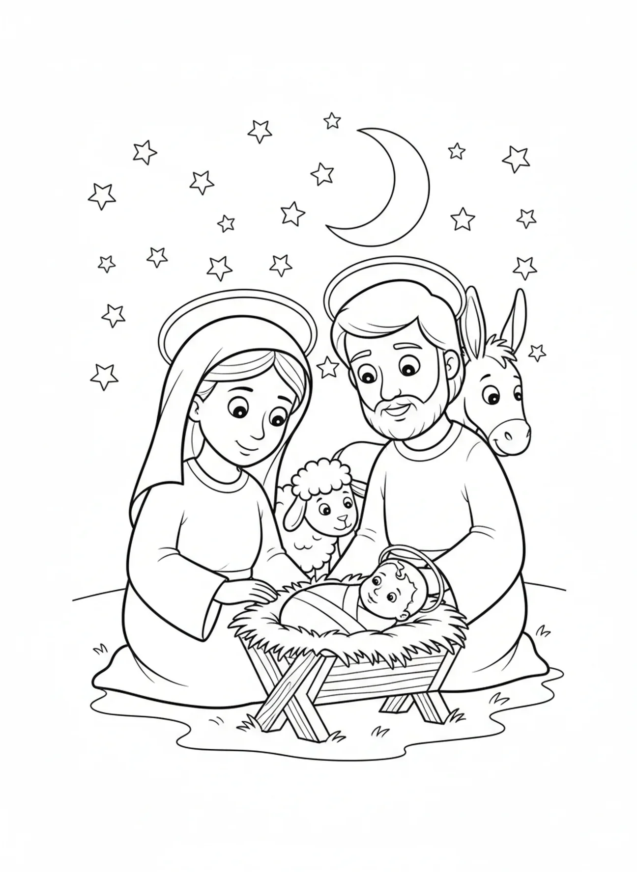 Krippe mit dem Baby Jesus, Stern von Bethlehem Ausmalbild für Kinder im Alter von 5-10 Jahren