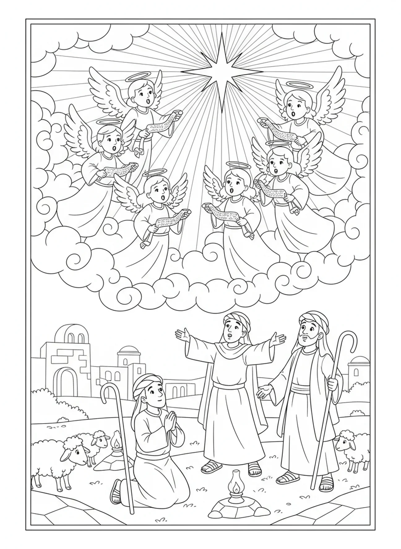 Anjos anunciando o nascimento de Jesus, página de colorir da Estrela de Belém para crianças da Escola Dominical de 5 a 12 anos.