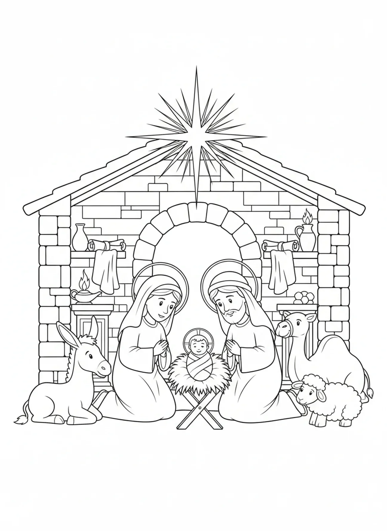 Cenário de Natal com Maria e José, página de colorir da Estrela de Belém para crianças da Escola Dominical de 5 a 12 anos.