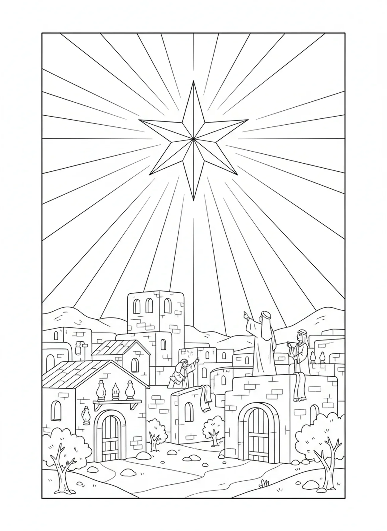 Estrela brilhante sobre Belém, página para colorir da Estrela de Belém para crianças da Escola Dominical de 5 a 12 anos.