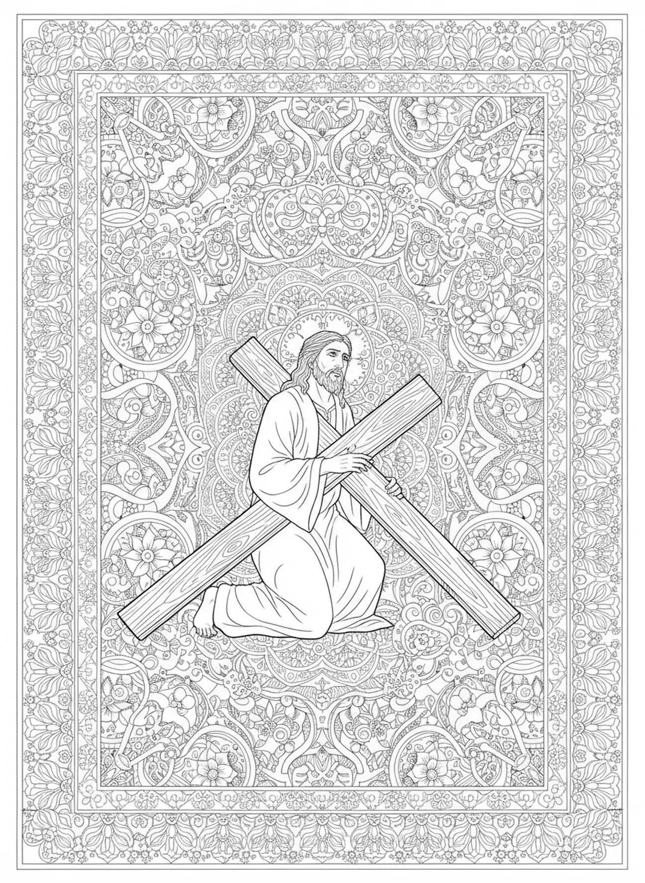 Jezus upada pod krzyżem, kolorowanka Jezus Upada pod Krzyżem w stylu dziennika biblijnego dla dorosłych.