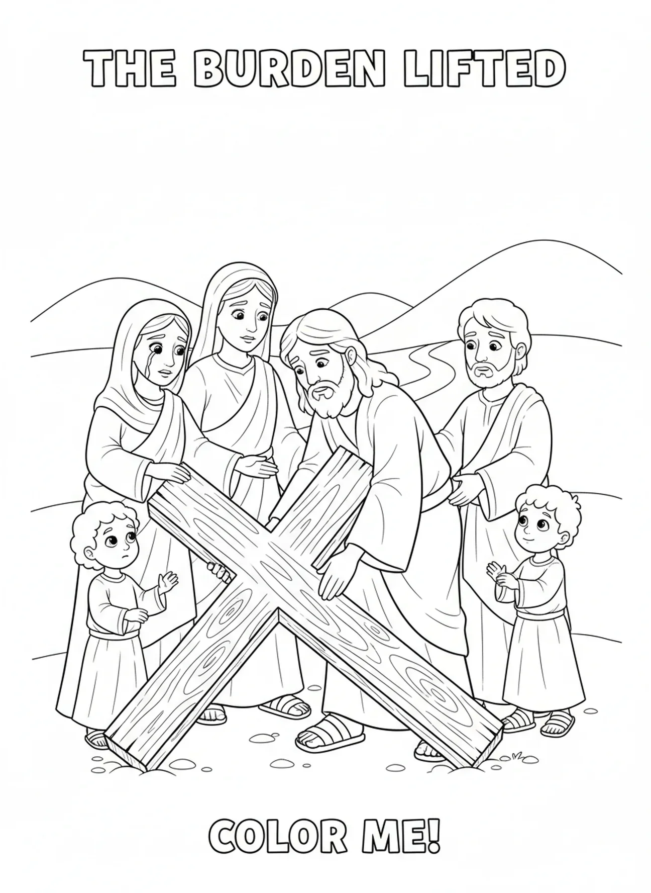Kreuz auf dem Boden, Jesus fällt mit dem Kreuz Ausmalbild für Kinder im Alter von 5-10 Jahren