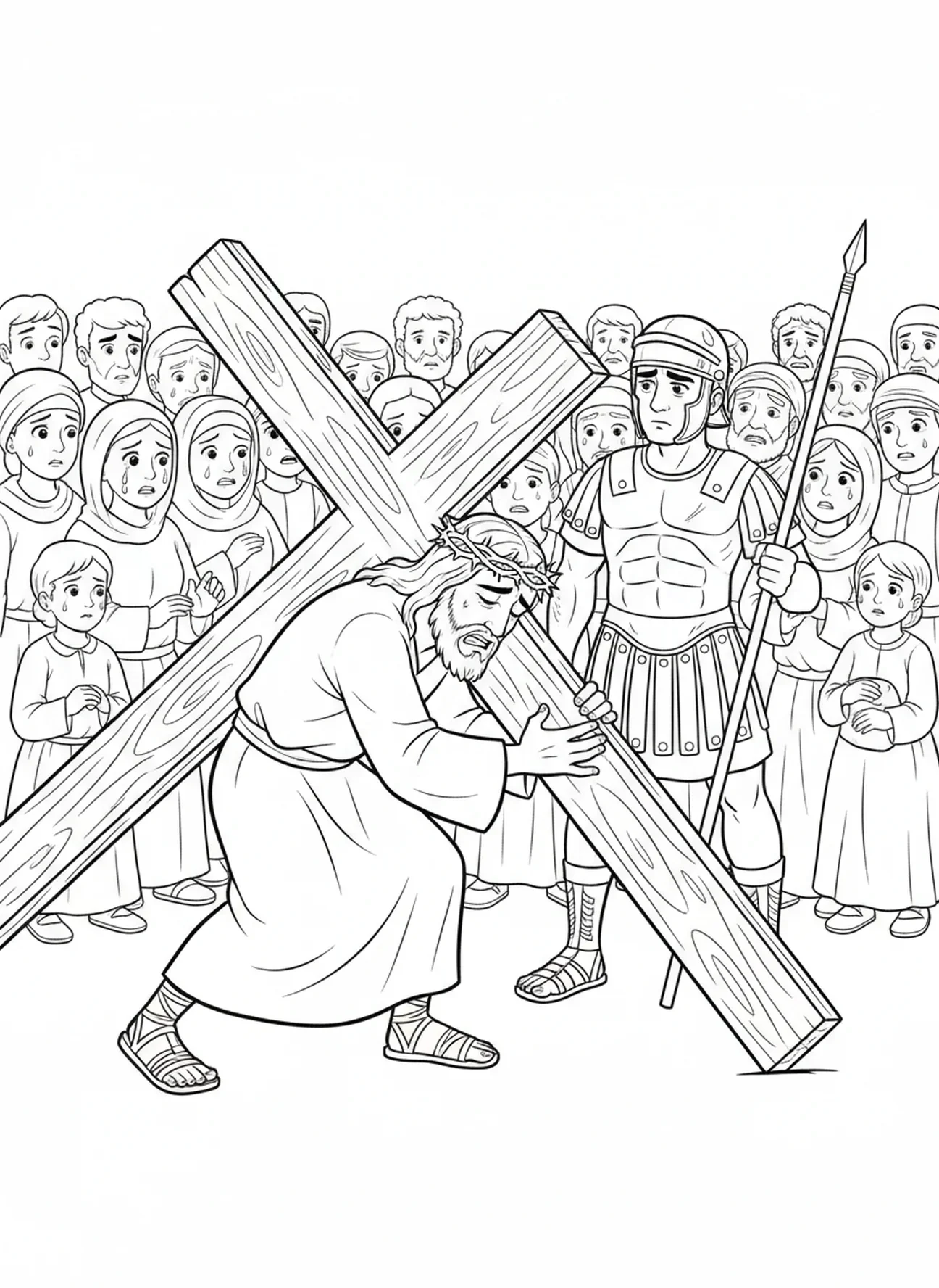 Jesu letzter Kampf, Jesus fällt mit dem Kreuz Ausmalbild für Kinder im Alter von 5-10 Jahren