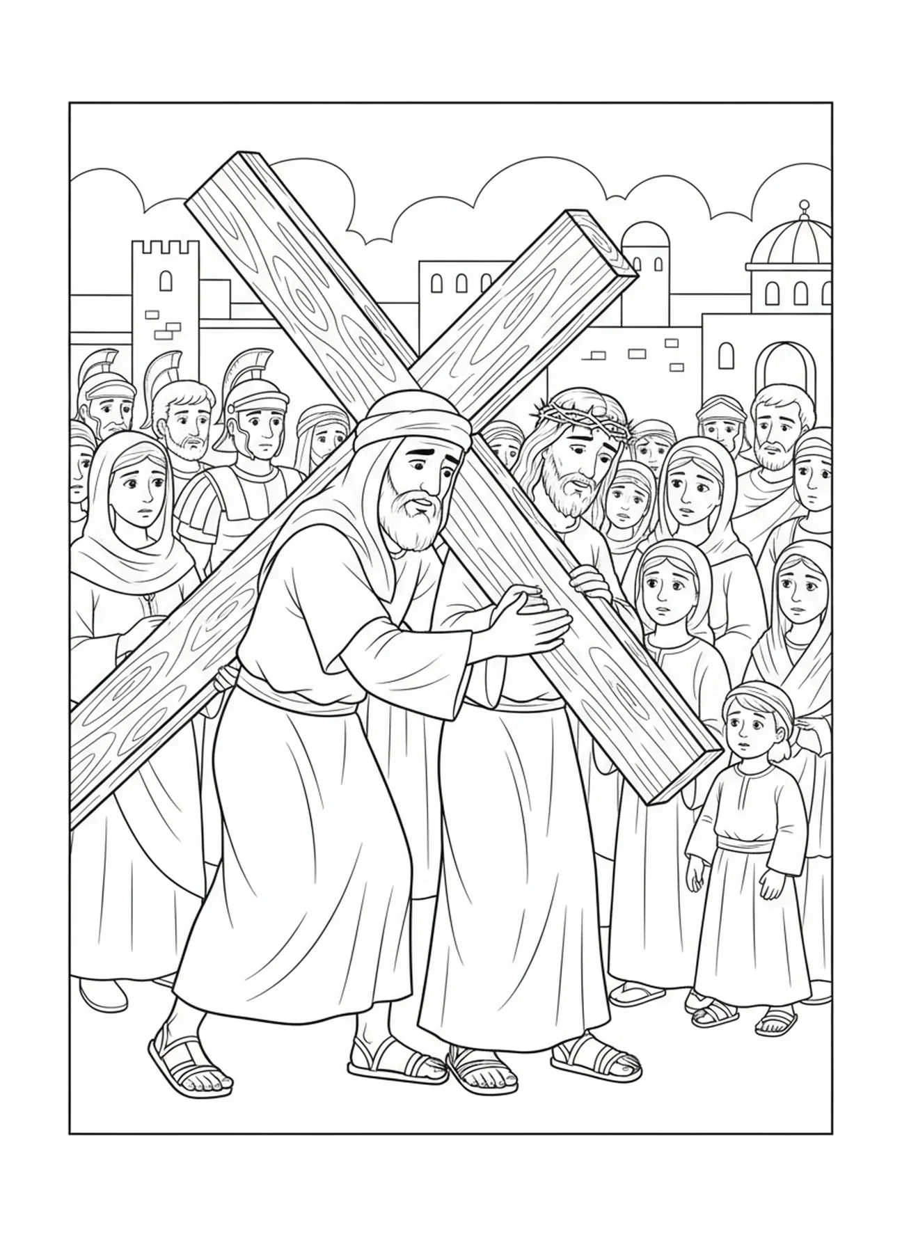 Ein Mann hilft Jesus, Jesus fällt das Kreuz Ausmalbild für Kinder im Alter von 5-10 Jahren