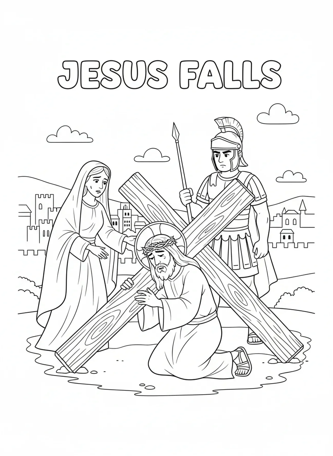 Jesus fällt zu Boden, Ausmalbild von Jesus, der das Kreuz trägt für Kinder im Alter von 5-10 Jahren