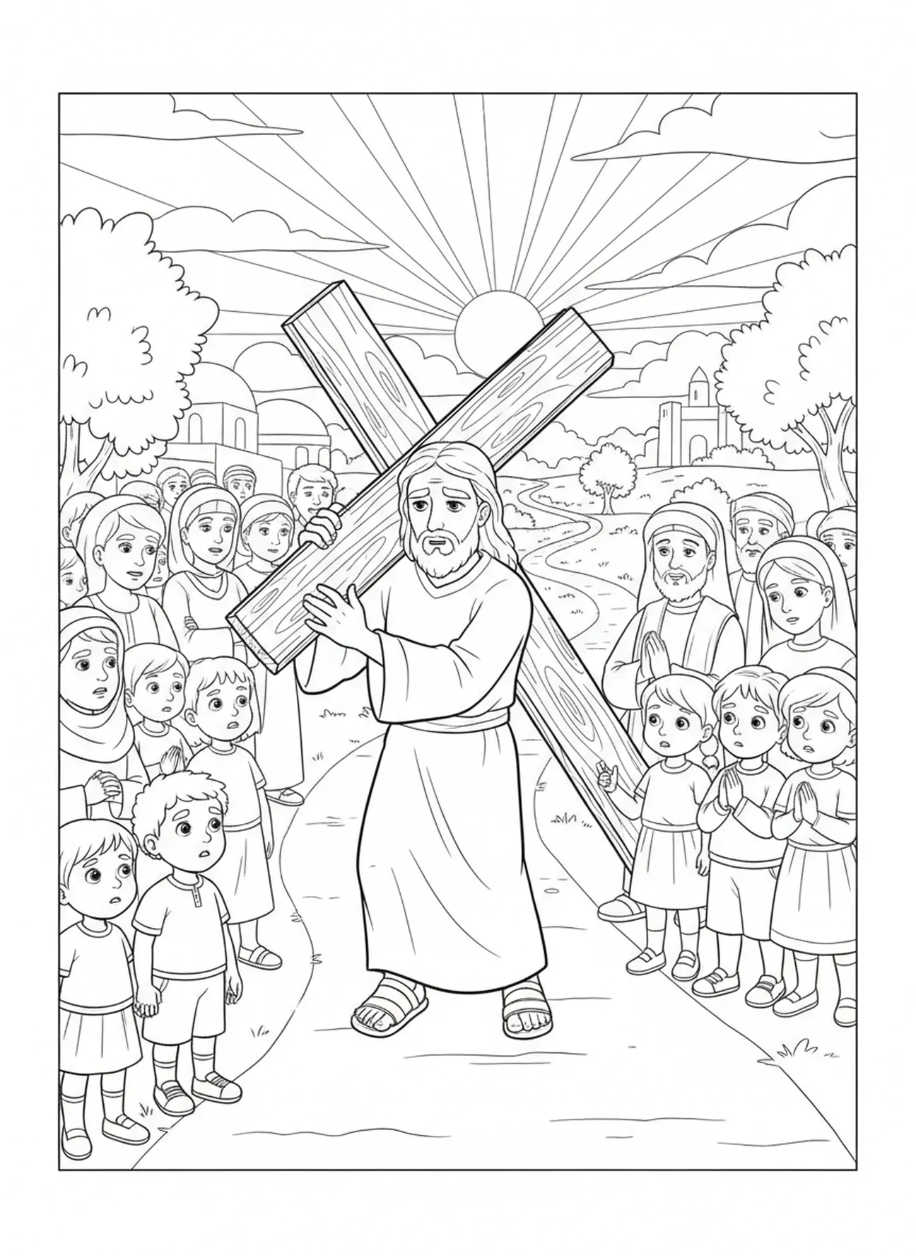 Jesus auf dem Weg, Jesus fällt das Kreuz Malvorlage für Kinder im Alter von 5-10 Jahren