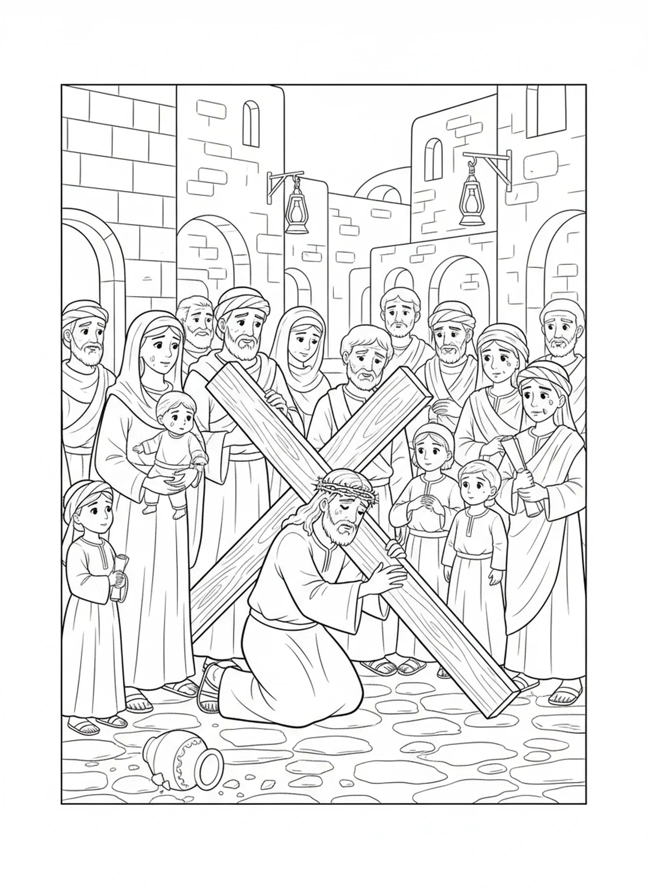 Menschenmenge beobachtet Jesus beim Kampf, Jesus fällt mit dem Kreuz Malvorlage für Sonntagsschulkinder im Alter von 5-12 Jahren.