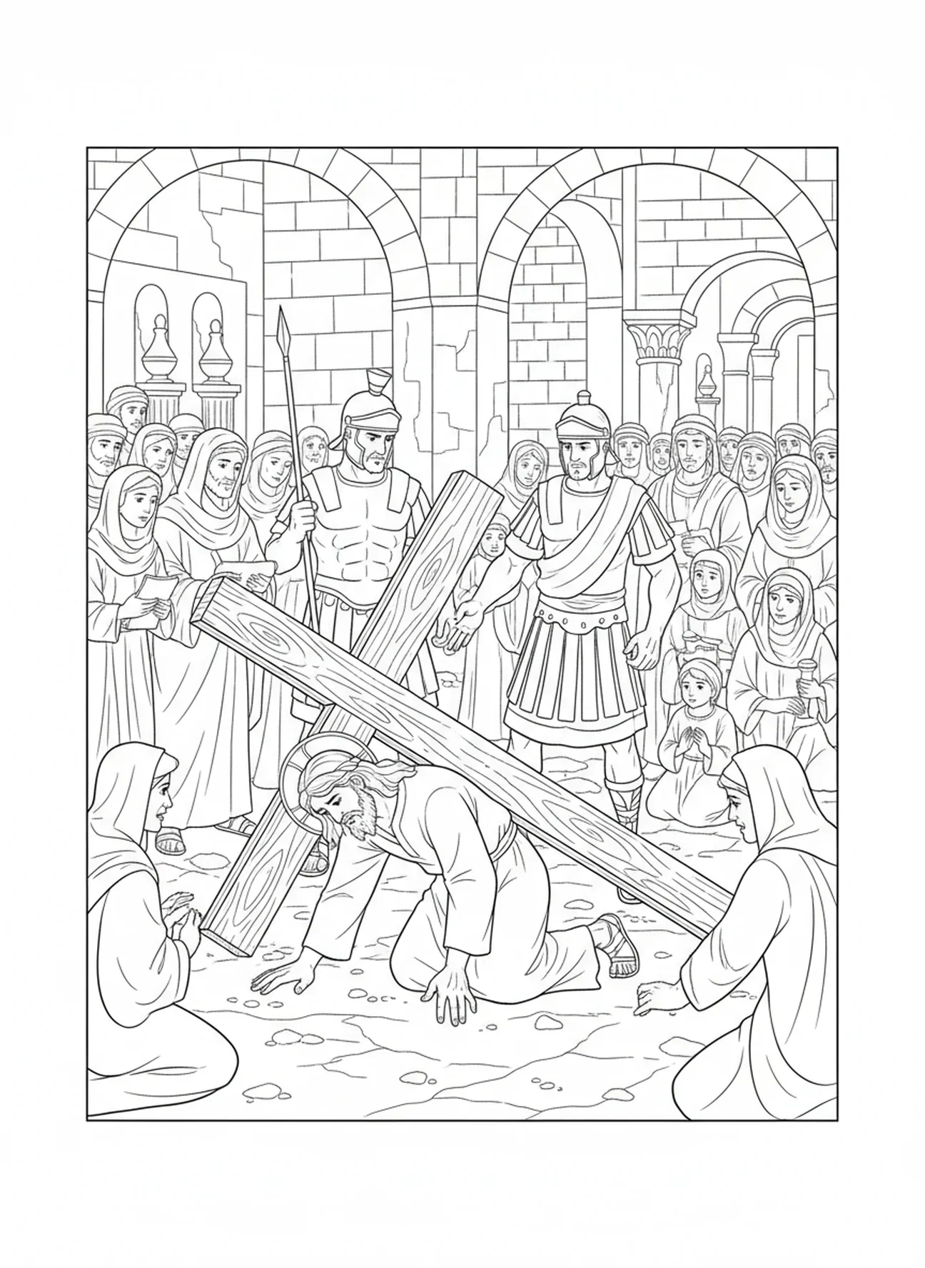 Jesus fällt unter dem Kreuz, Ausmalbild Jesus fällt unter dem Kreuz für Kinder in der Sonntagsschule im Alter von 5-12 Jahren.