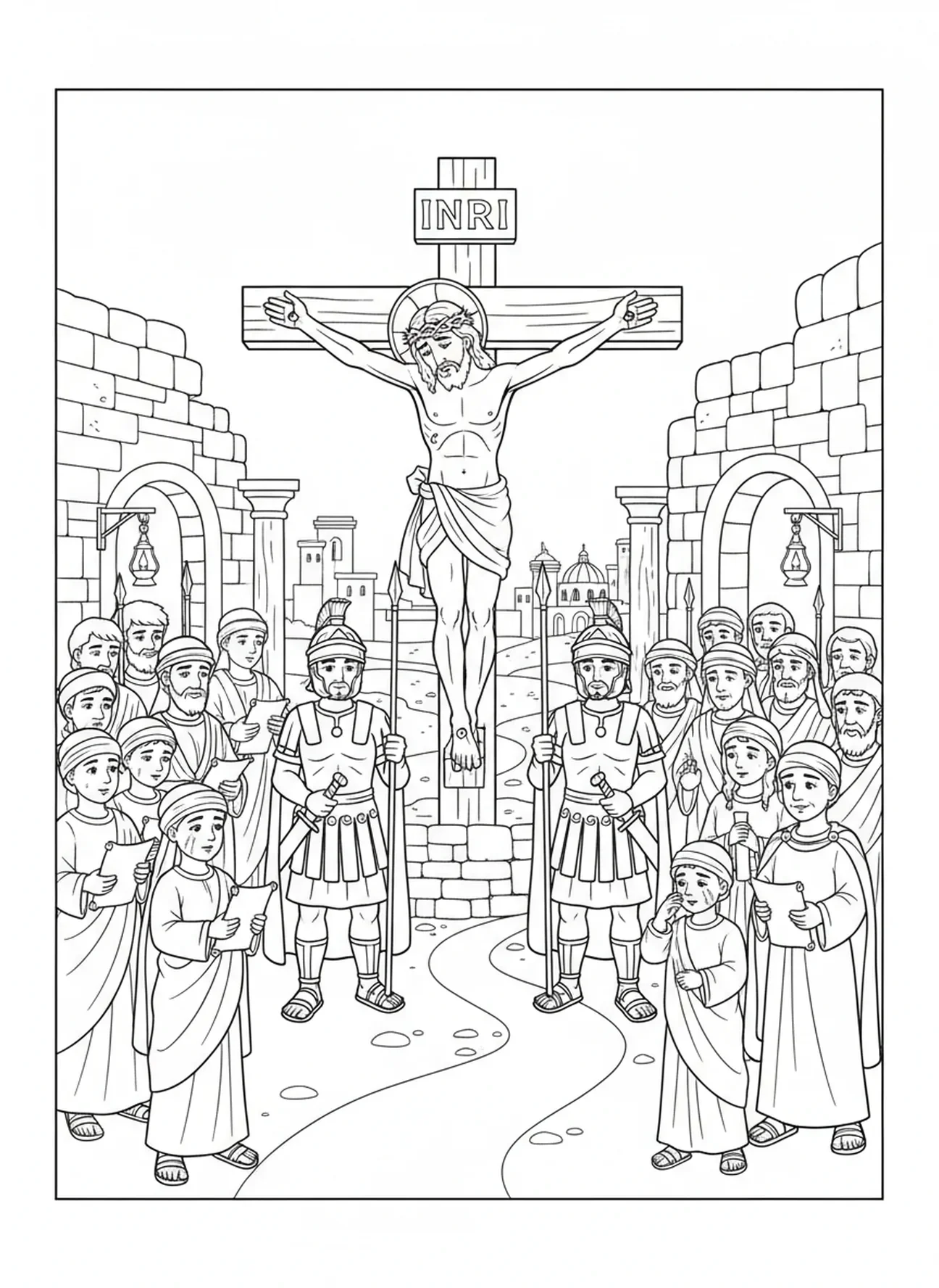 Jesus am Kreuz, Ausmalbild von Jesus, der am Kreuz hängt, für Sonntagsschulkinder im Alter von 5-12 Jahren.