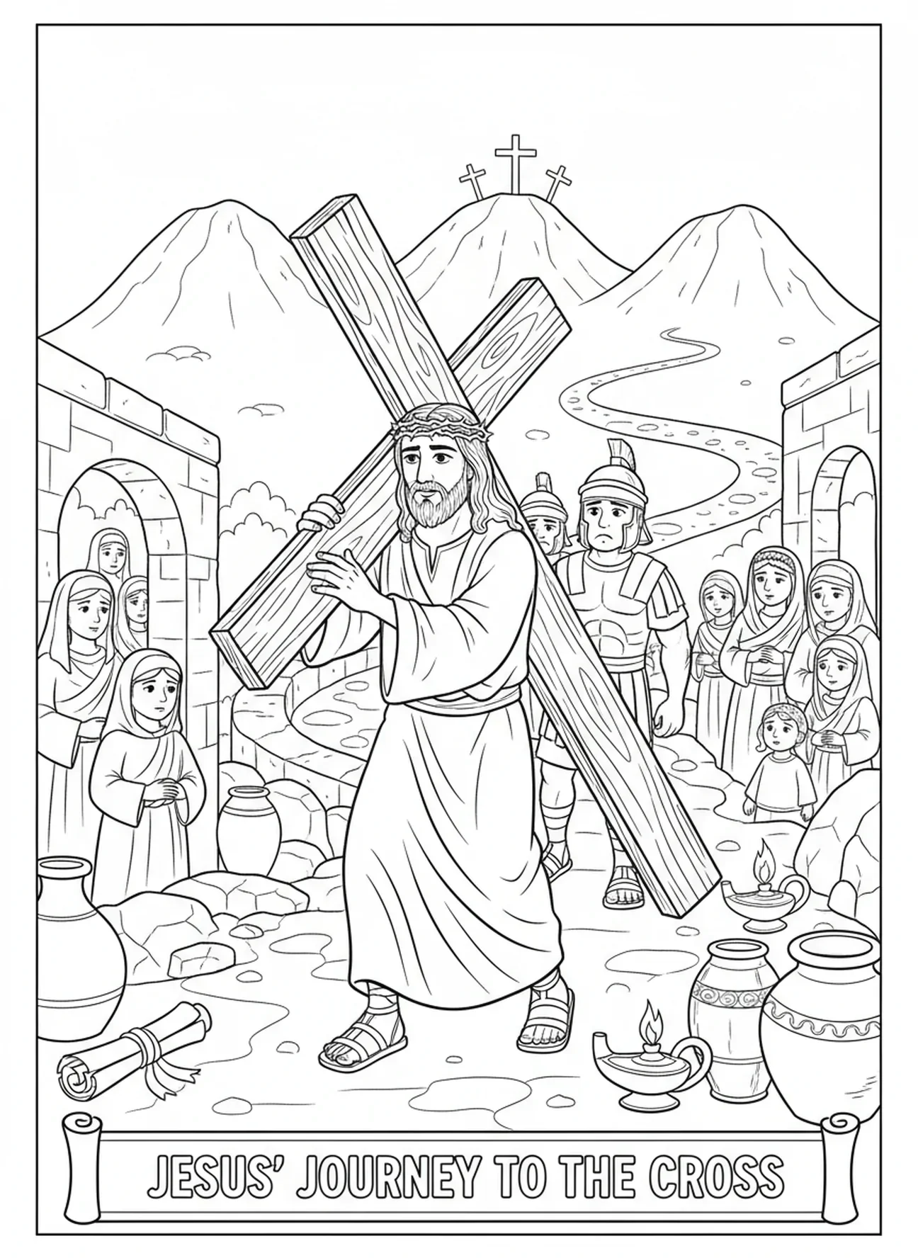 Jesus geht nach Golgatha, Jesus fällt das Kreuz Ausmalbild für Sonntagsschulkinder im Alter von 5-12 Jahren.