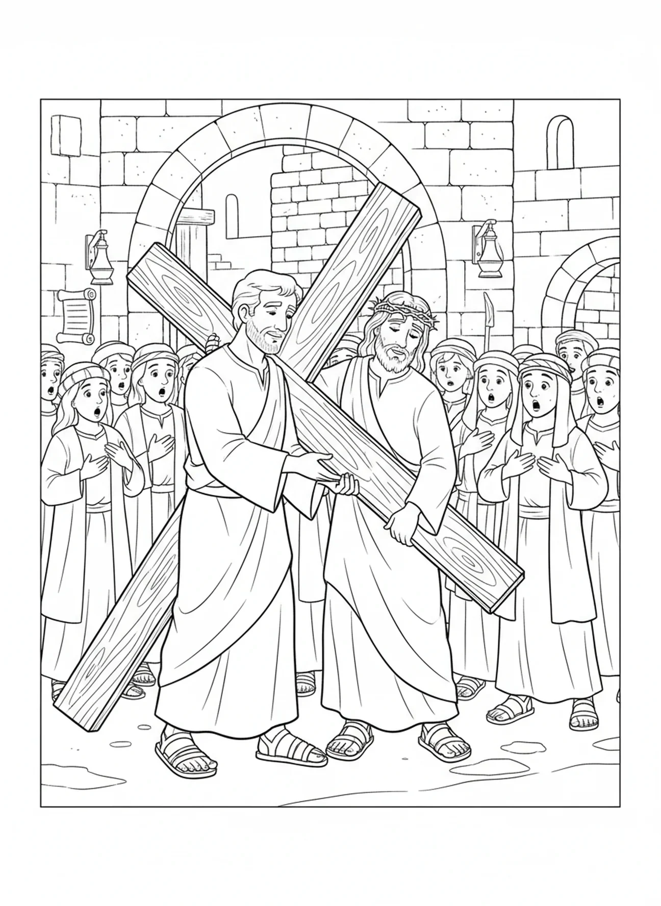 Simon hilft Jesus mit dem Kreuz, Ausmalbild von Jesus, der das Kreuz fällt, für Sonntagsschulkinder im Alter von 5-12 Jahren.