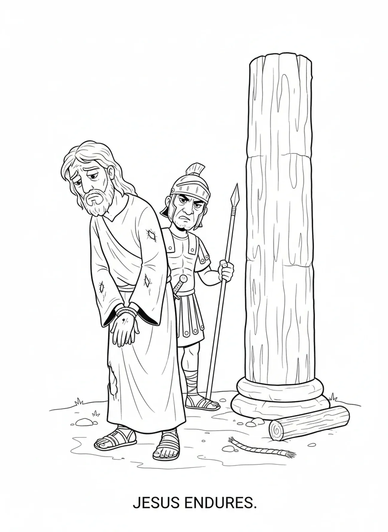 Jésus épuisé près du Pilier de la Flagellation, page à colorier sur le Pilier de la Flagellation pour les enfants de 5 à 10 ans.