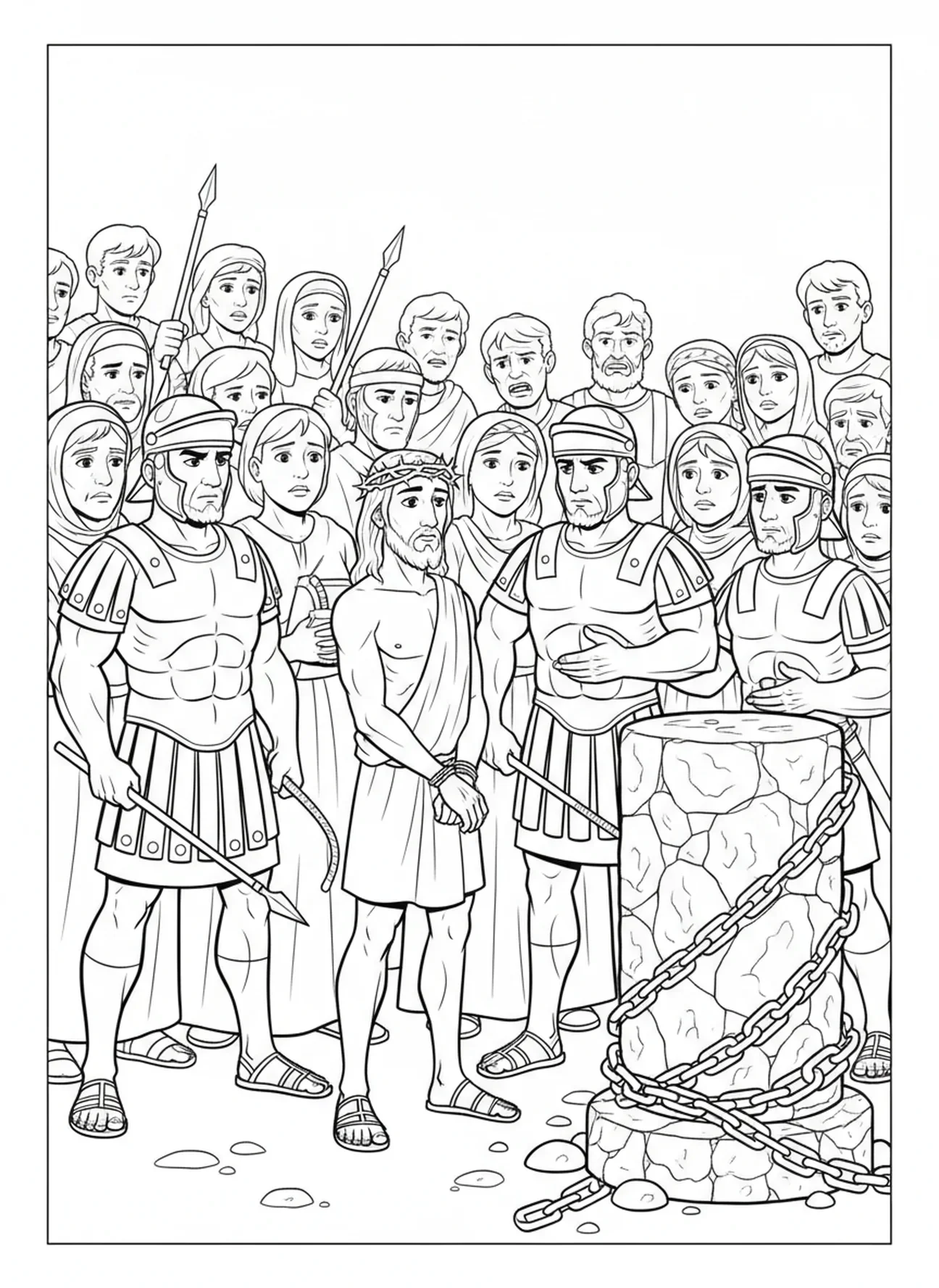 Foule observant le flagrant délit, page à colorier du Pilier de la Flagellation pour les enfants de 5 à 10 ans.