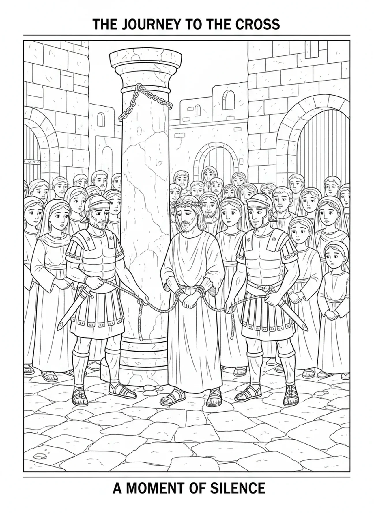 Des soldats conduisant Jésus, page à colorier du Pilier de la Flagellation pour les enfants de 5 à 10 ans.