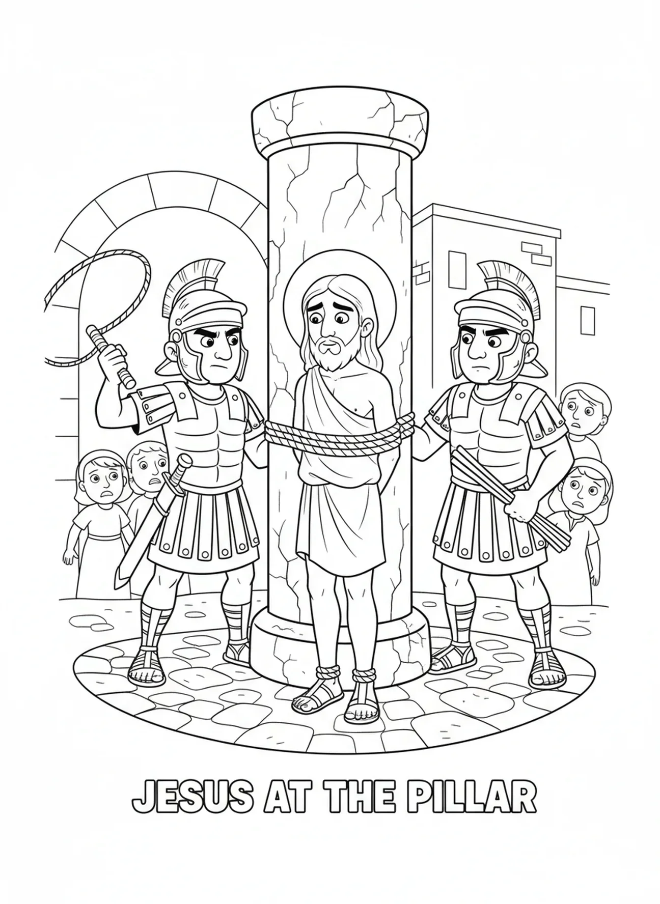 Jésus attaché au Pilier de la Flagellation, page à colorier sur le Pilier de la Flagellation pour les enfants de 5 à 10 ans.