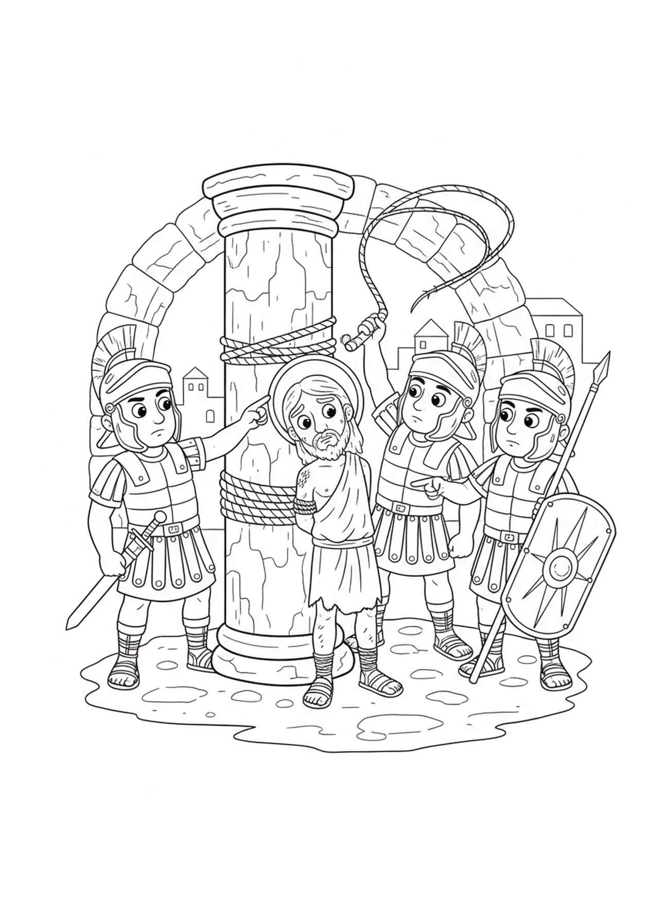 Soldat fouettant Jésus, page à colorier du Pilier de la Flagellation pour les enfants de 5 à 10 ans.