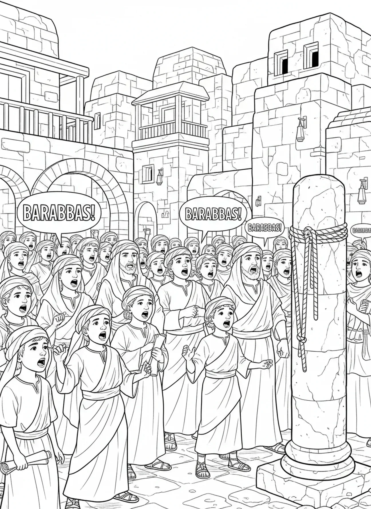 Menschenmenge, die für Barabbas ruft, Ausmalbild zur Geißelungssäule für Kinder in der Sonntagsschule im Alter von 5-12 Jahren.