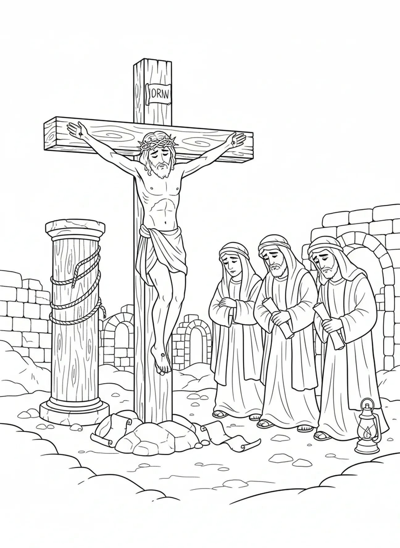 Jesus am Kreuz, Ausmalbild der Geißelungssäule für Kinder in der Sonntagsschule im Alter von 5-12 Jahren.