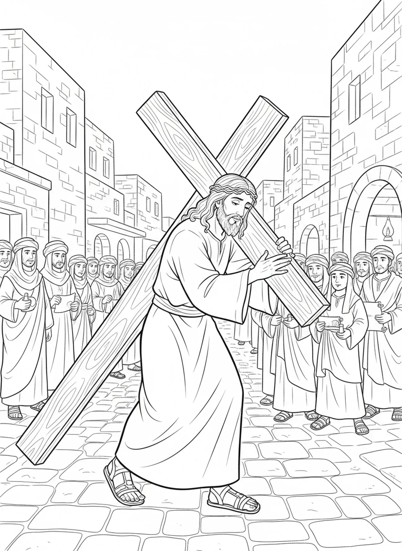 Jesus trägt das Kreuz, Ausmalbild für die Sonntagsschule für Kinder im Alter von 5-12 Jahren.