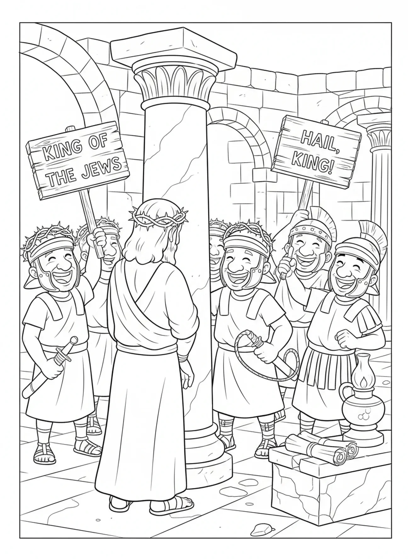 Soldaten verspotten Jesus, Ausmalbild der Geißelsäule für Kinder im Religionsunterricht im Alter von 5-12 Jahren.