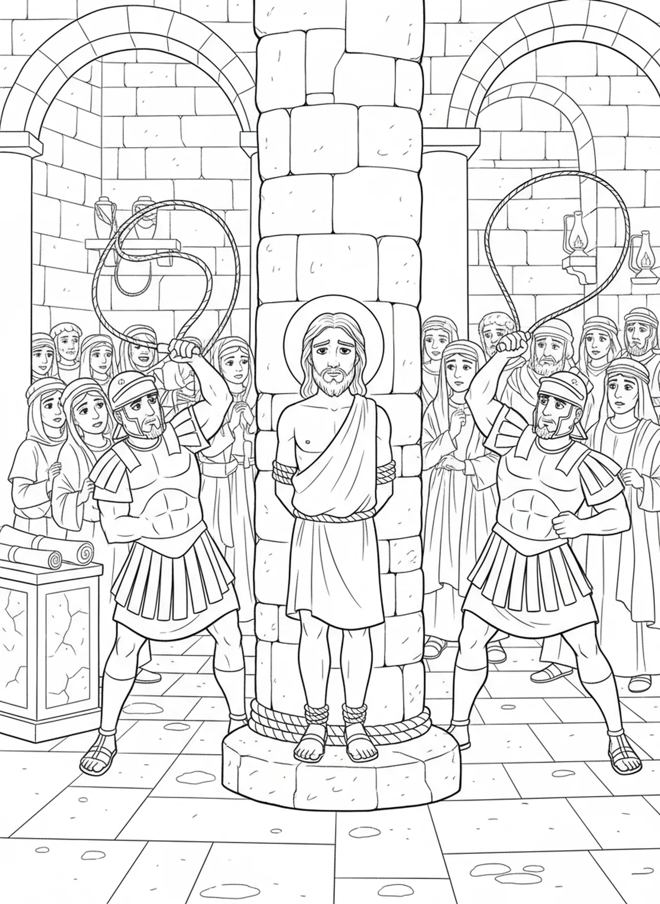 Jesus wird gegeißelt, Ausmalbild vom Geißelungssäule für Sonntagsschulkinder im Alter von 5-12 Jahren.