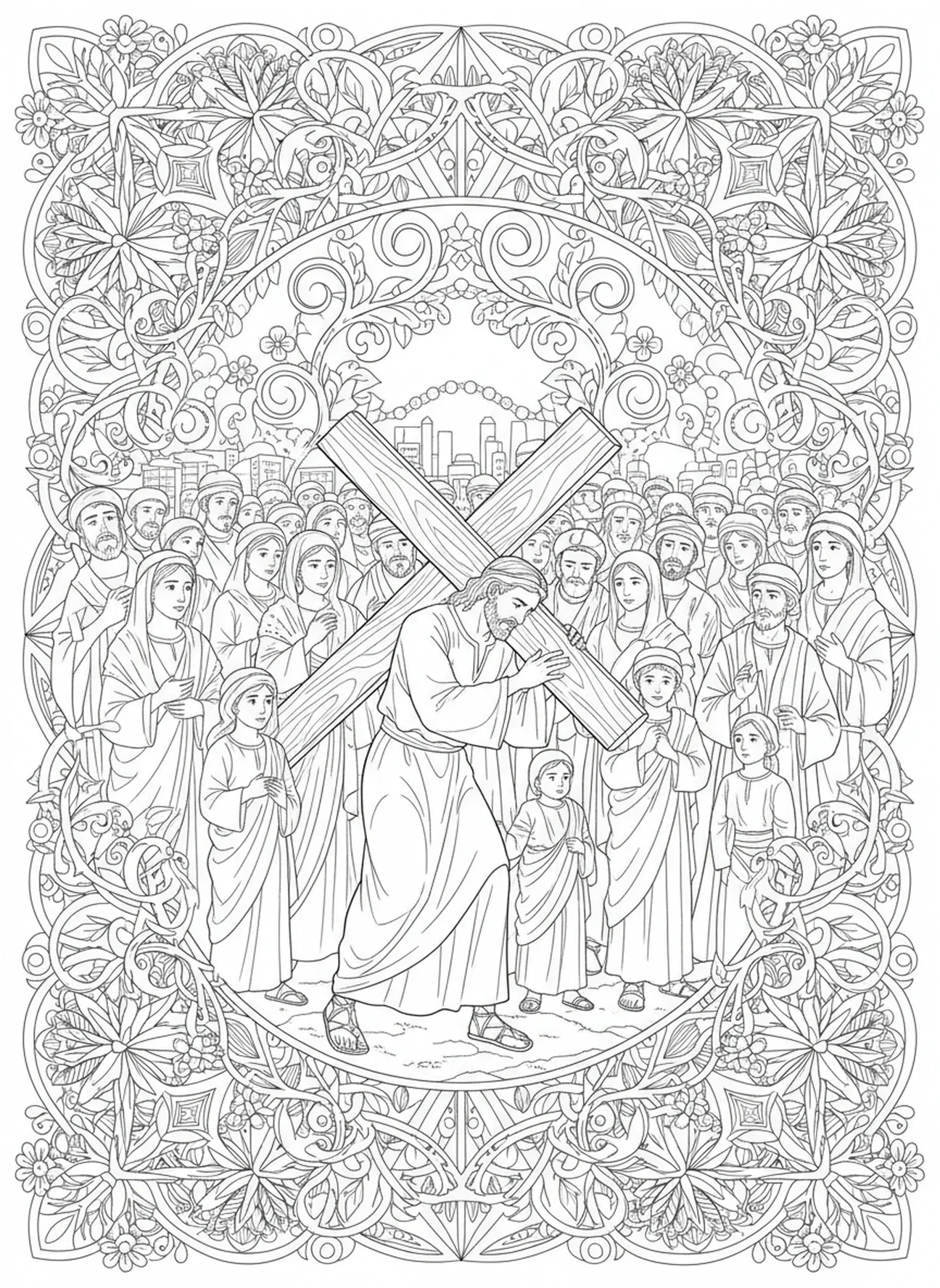 Foule diversifiée observant Simon, page à colorier de Simon de Cyrène dans un style de journalisation biblique pour adultes.