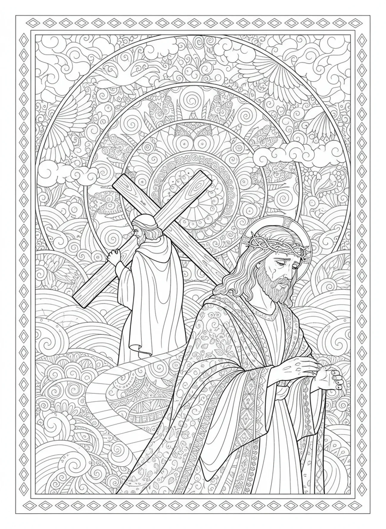 Jésus sur le chemin du Golgotha, page à colorier de Simon de Cyrène pour un style de journal biblique pour adultes.