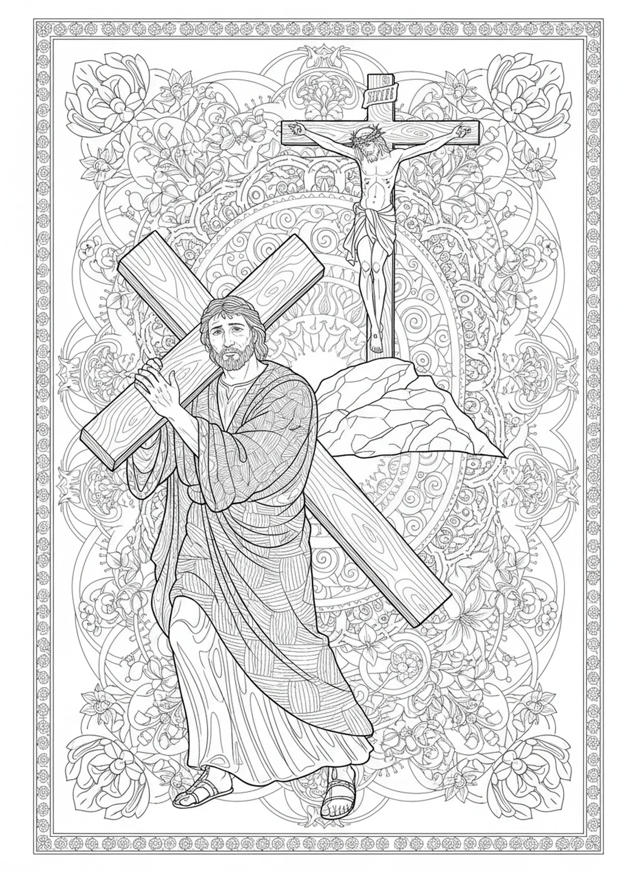 Simon debout au Golgotha, page à colorier de Simon de Cyrène pour un style de journal biblique destiné aux adultes.