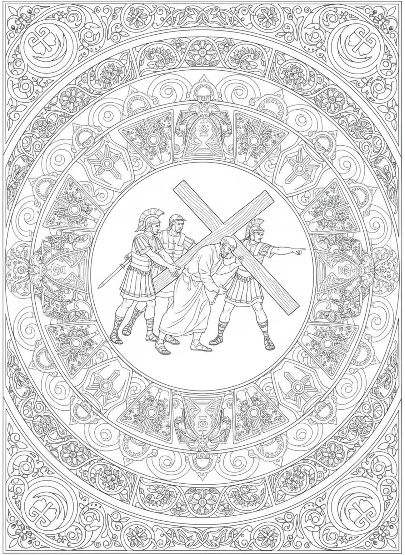 Soldats romains aidant Simon, page à colorier Simon de Cyrène pour adultes dans un style de journal biblique.