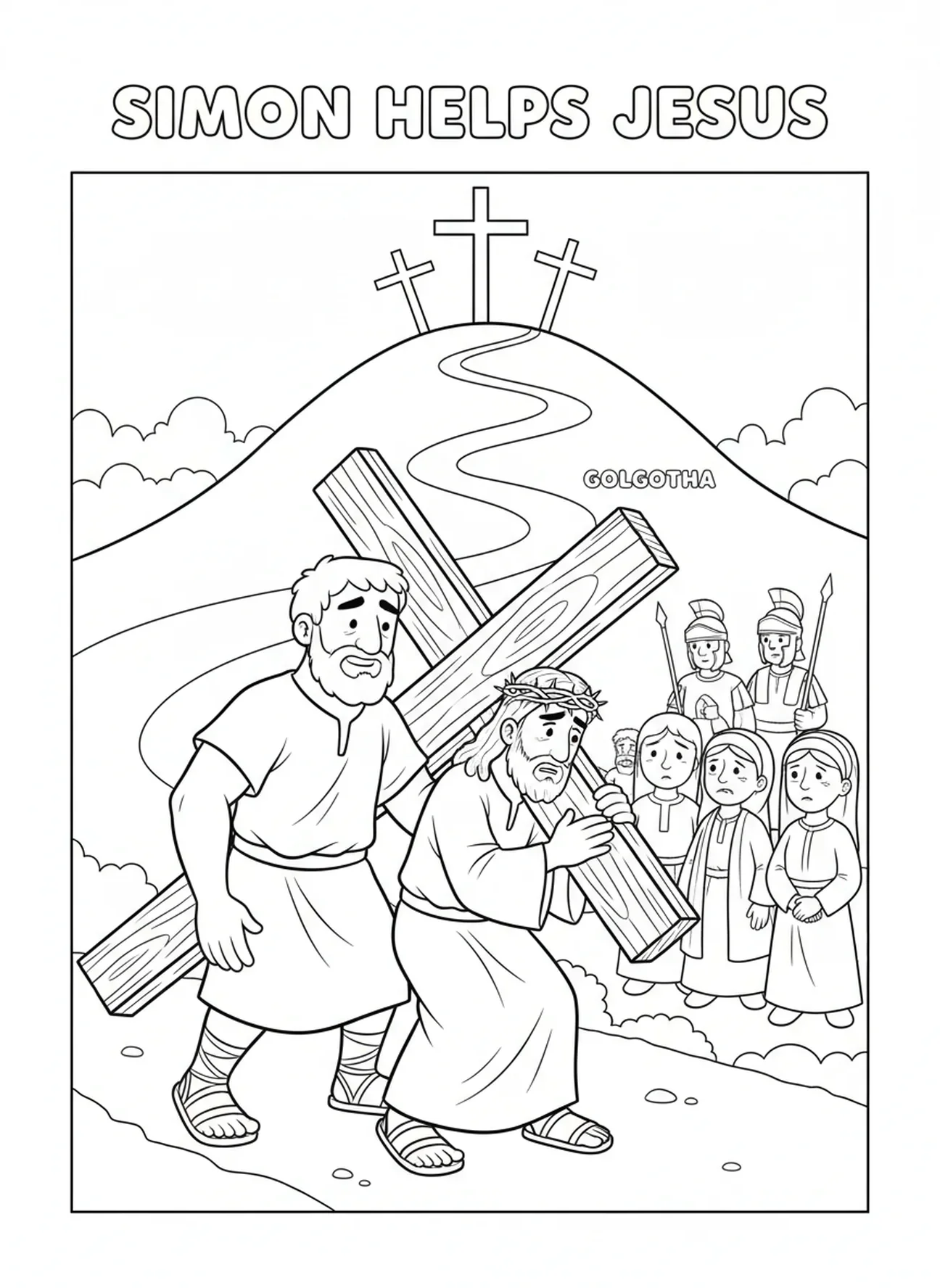 Simão e Jesus chegando ao Gólgota, página para colorir do Simão de Cirene para crianças de 5 a 10 anos